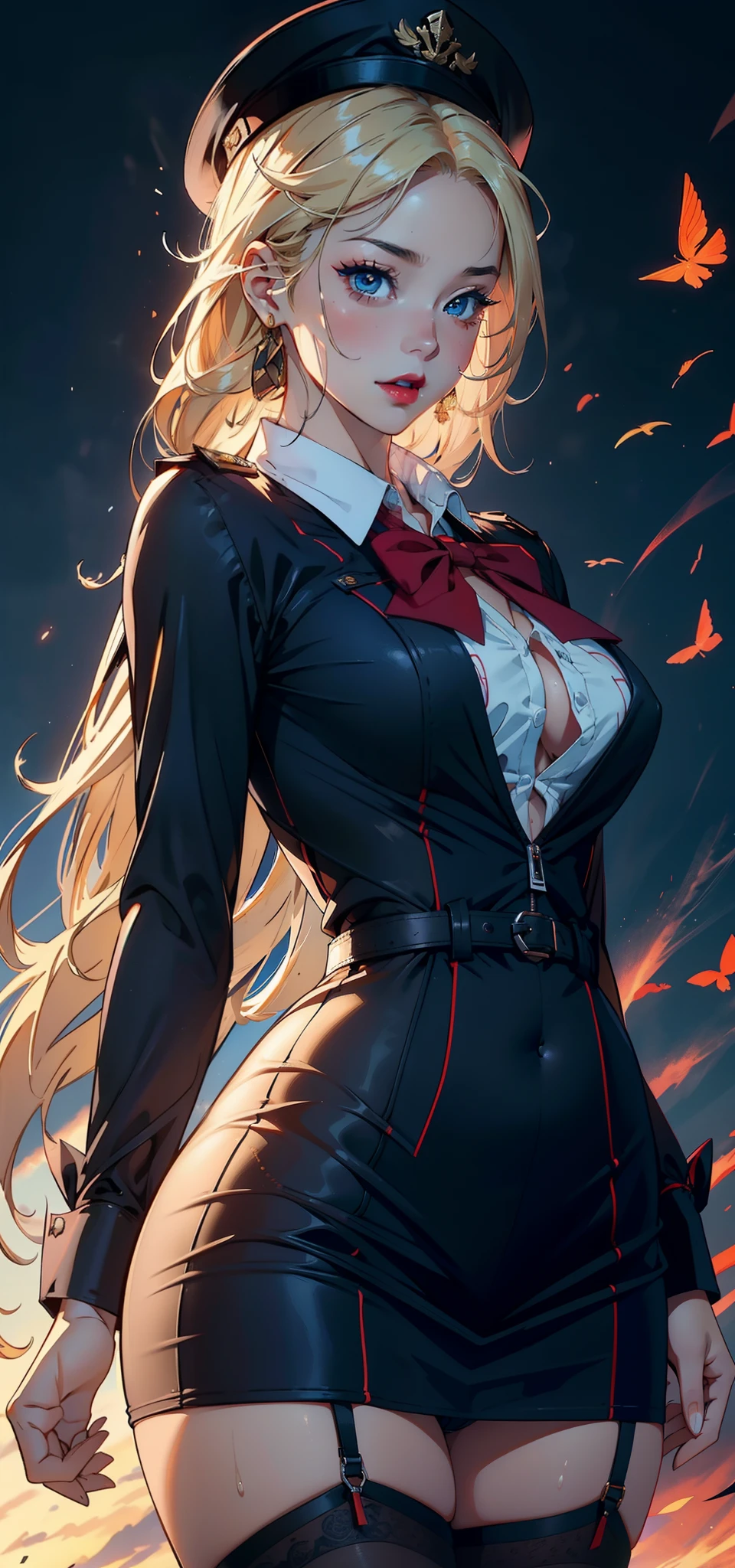 1womanl,33yo,熟妇,Bigchest,Raised sexy,Pornographic exposure, 独奏,Beauty contests,standing on your feet(Background with:aerodrome,snow mountains,Planes,at winter season,Blizzarding,Big snowflakes)Sit in the pilot's position, She has long blonde hair,Long hair flutters in the wind,Redlip,Black girl,dynamicposes,Sweat profusely,drenched all over the body,seen from the front, hair straight, mostly cloudy sky,(((tmasterpiece),(Very detailed CG unity 8K wallpaper),best qualtiy,cinmatic lighting,detailed back ground,beatiful detailed eyes,Bright pupils,(Very fine and beautiful),(Beautiful and detailed eye description),Blue eyes,Redlip,ultra - detailed,tmasterpiece,)),facing at camera,(The upper part of the body),A high resolution,ultra - detailed),revealing breasts,Bare genitalia, Bulge,legs are open,sexyposture,Camel toes,Flushed complexion,Open-mouthed,frontage,stewardess,Sailor's cap(Wearing:Red transparent flight attendant shirt,Large colored bow tie,Sexy black miniskirt,Gold wire embroidery,Black jumpsuits,Bare breasts)