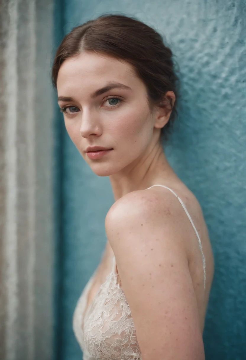 a young female wearing  in front of blue wall, in the style of heatwave, transparent/translucent medium, contemporary vintage photography, lowbrow, poolcore, associated press photo, feminine body, (long shot)Photo taken from a distance, full body, barefoot, completely naked,  shaved pussy, naked