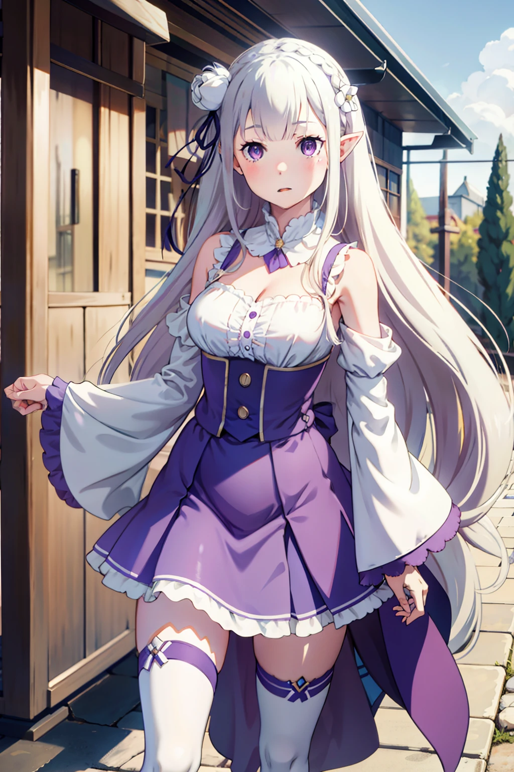 1girl, solo, Emilia, emilia_\(re:zero\), long hair, silver hair, blunt bangs, braid, hair ornament, hair flower, hair ribbon, purple ribbon, purple eyes, blush, low-tied long hair, elf, dress, bare shoulders, detached sleeves, wide sleeves, cleavage, pleated skirt, thighhights, white legwear, white shoes, outdoors, (masterpiece:1.2), highres, best quality, 8k, very clear,