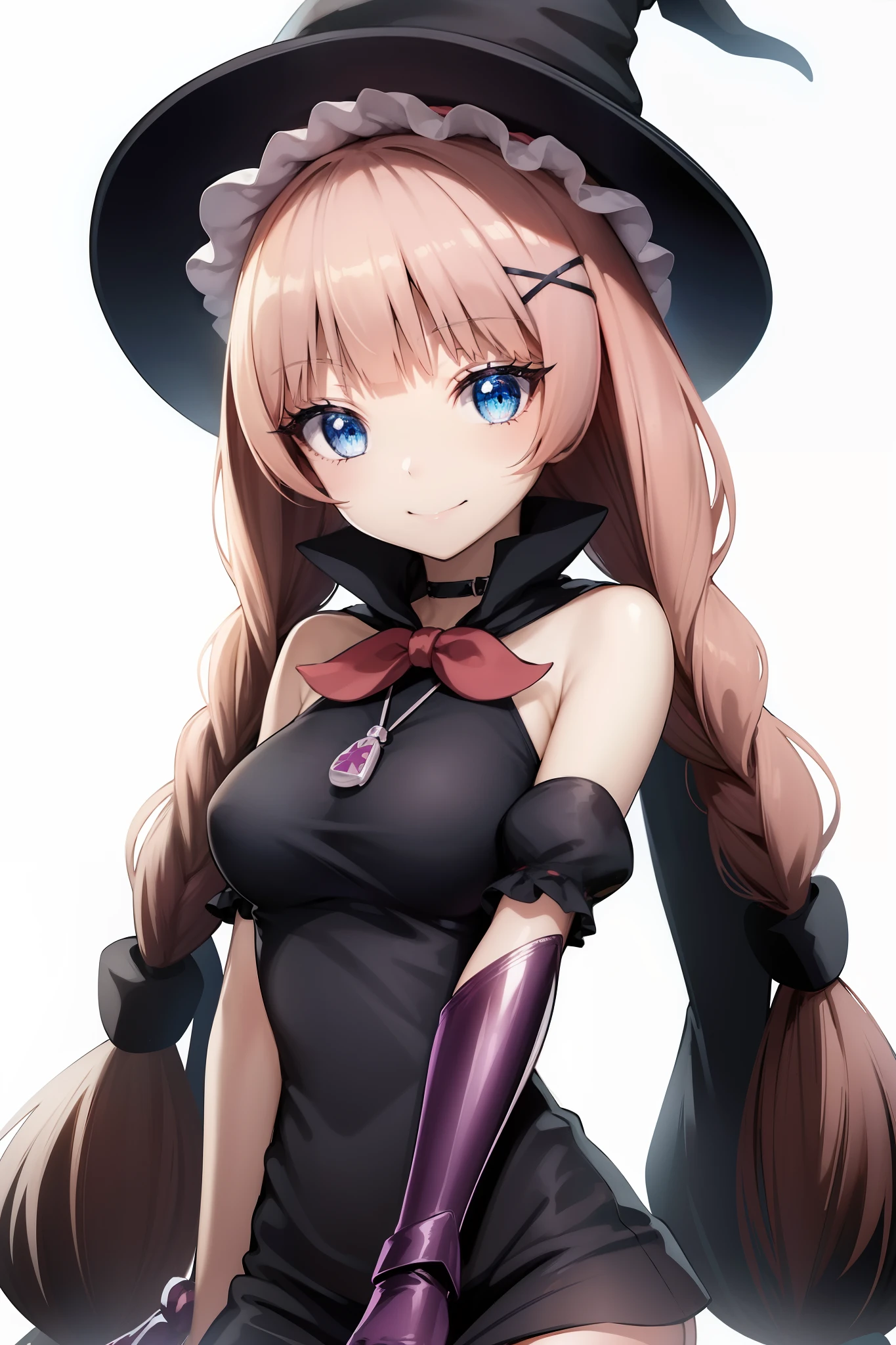 TOPSPD, TWIN BRAIDS, WITCH HAT, NECKLACE, BLACK DRESS, BLACK CAPE, BOW, ELBOW GLOVES, THIGH BOOTS, 1girl, solo, upper body, smile, large breasts, detailed face, detailed eyes, detailed hair, 5 fingers