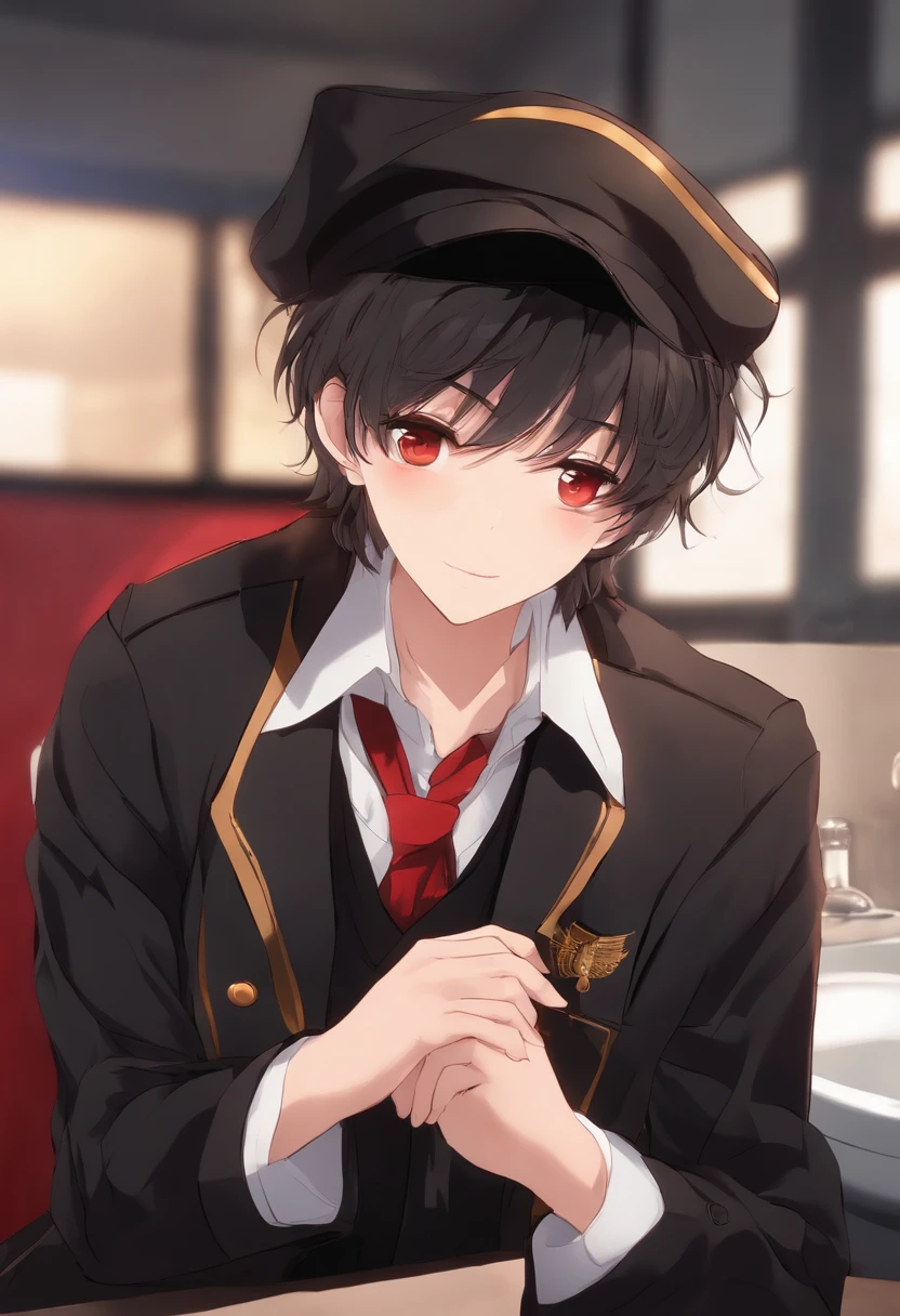 Anime style boy, shot choppy brownish black hair, brown-golden eyes, black button up school uniform, black gakuen hat, around 13 years old, red bathroom stall background