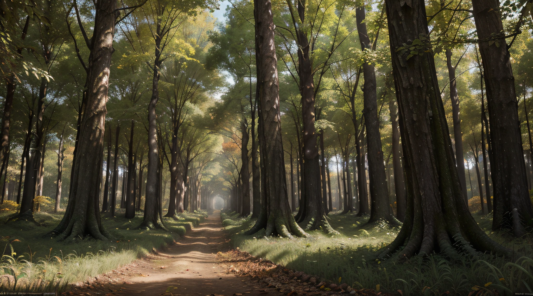 An ultra-detailed matte painting of a luxuriant, lush, overgrown and verdant forest at autumn, dense vines, roots on the ground, huge scale, imposing composition, digital art, trending on Artstation