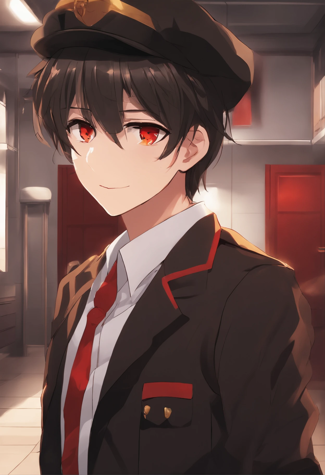 Anime style boy, shot choppy brownish black hair, brown-golden eyes, black button up school uniform, black gakuen hat, around , red bathroom stall background
