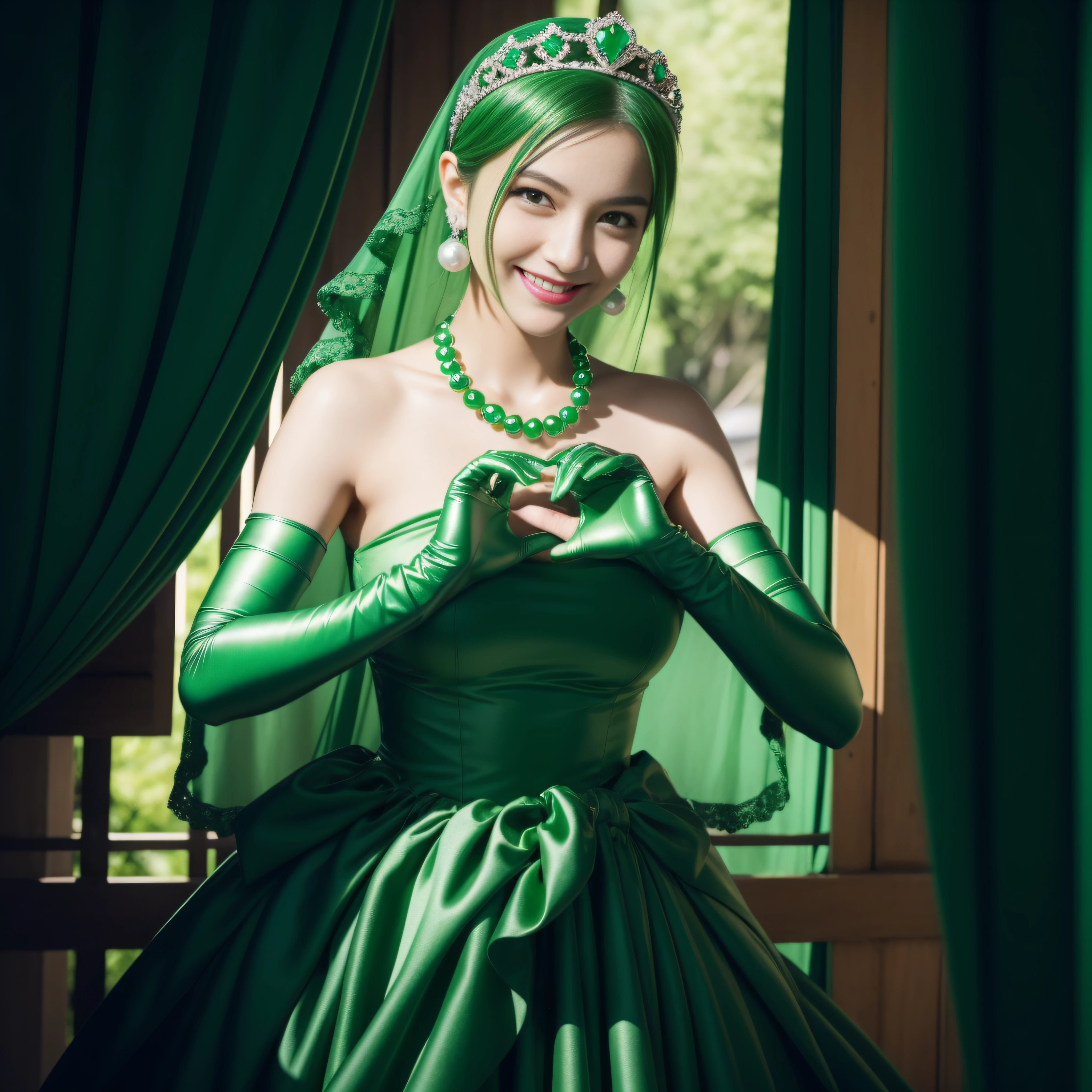 emerald tiara, Green Pearl Necklace, Boyish very short green hair, lipsticks, Japan woman smiling, very short short hair, big breasts beautiful, Green eyes, Long green gloves made of satin material, Green eyes, green vale, Heart with both hands, Emerald Earrings