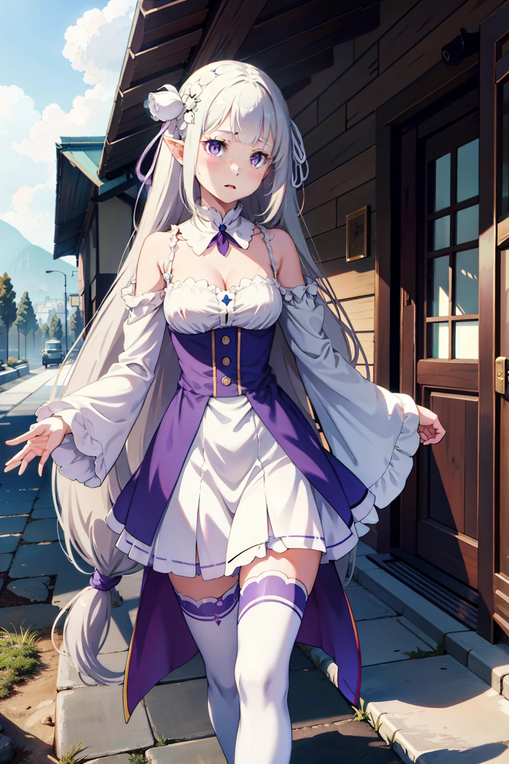 1girl, solo, Emilia, emilia_\(re:zero\), long hair, silver hair, blunt bangs, braid, hair ornament, hair flower, hair ribbon, purple ribbon, purple eyes, blush, low-tied long hair, elf, dress, bare shoulders, detached sleeves, wide sleeves, cleavage, pleated skirt, thighhights, white legwear, white shoes, outdoors, (masterpiece:1.2), highres, best quality, 8k, very clear,