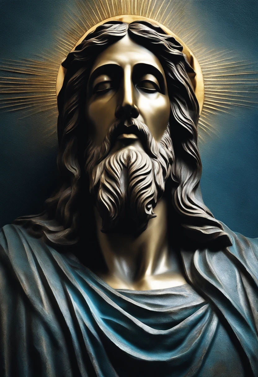 (best quality,highres,ultra-detailed:1.2),dismembered head of a statue of Jesus Christ, blue sea, intricate details, weathered stone texture, dramatic lighting, divine vibes, religious symbolism, serene atmosphere, mystique, powerful emotions, artful craftsmanship, contemplation, spiritual reflections, oceanic depths, sun rays piercing through clouds, waves crashing against the statue, ethereal aura, surreal composition, mix of awe and beauty, transcendental artwork, evocative colors, religious icon, haunting beauty