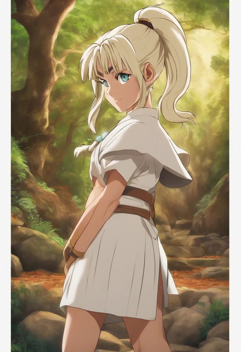 Melhor qualidade, obra prima, ultra detalhado, Ultra resolution, anime, doutor Stone, vestido de jaleco branco, roupa de cientista, na floresta, vila de madeira ao fundo, iluminado por tochas, noite escura estrelada, starly sky, estrelas carentes, lua cheia.