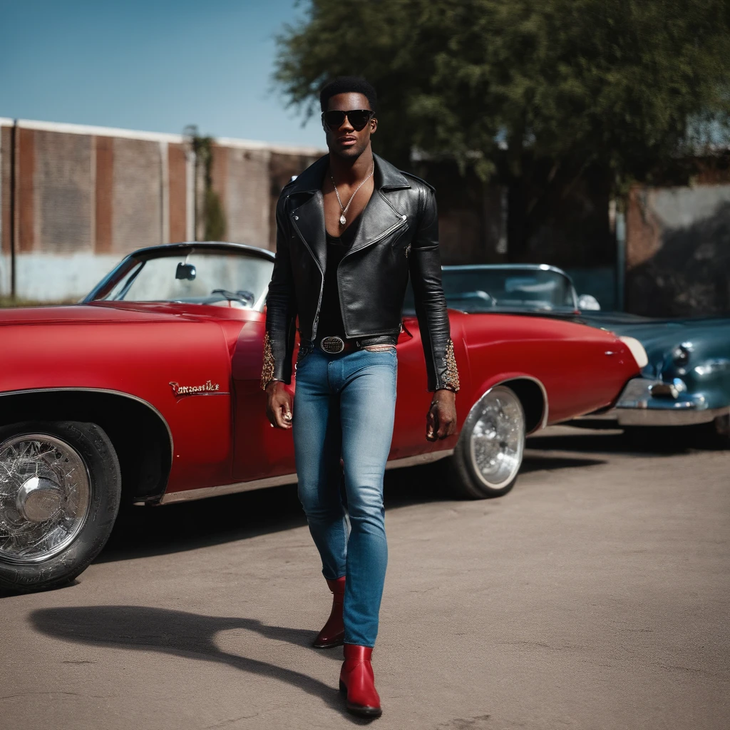 photo of skinny Afro-American mestice man with Elvis haircut style, a 27-year-old wearing black leather jacket, (no t-shirt) just jacket and ABS sixpack, jeans, dark-red cowboy boots and circular red sunglasses. The photo should exude an aura of mystery and rebellion, emphasizing connection to the city's darker side abandoned warehouse. Shot at eye level with a Fujifilm X-T4 and a 50mm lens, the image should channel the spirit of alternative and urban photography style of Erwin Blumenfeld