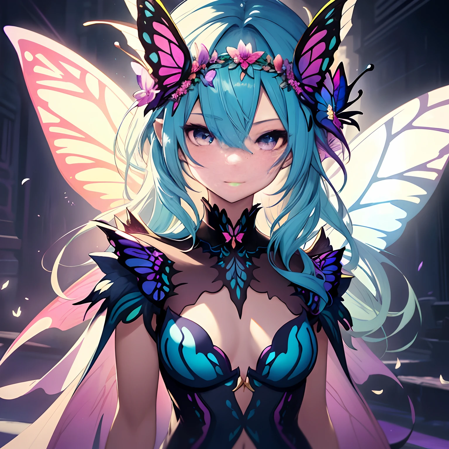 Anime girl with flower crown and butterfly wings in a dark room, ConceptArt, inspired by rossdraws, pixiv contest winner, Fantasy art, Dark Fairies, rossdraws cartoon vibrant, :: rossdraws, Rossdraws 2. 5, Artgerm and Rossdraws, Fae, rossdraws 1. 0, faerie, portrait of a fairy