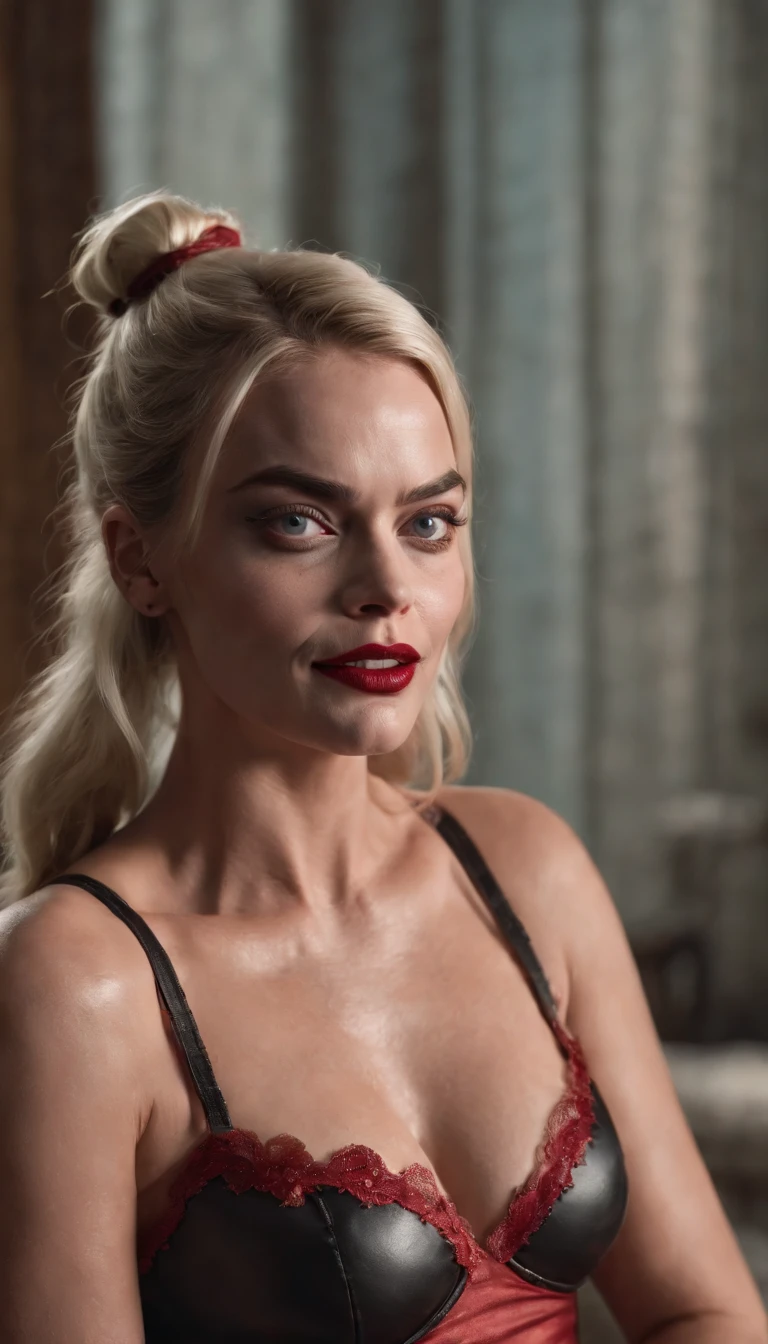 funny caricature of margot robbie as harley quinn, completely naked, getting raped, angry, naked body, barefoot, screaming, raped from behind, anal rape, intricate details, 8k, hyperealistic