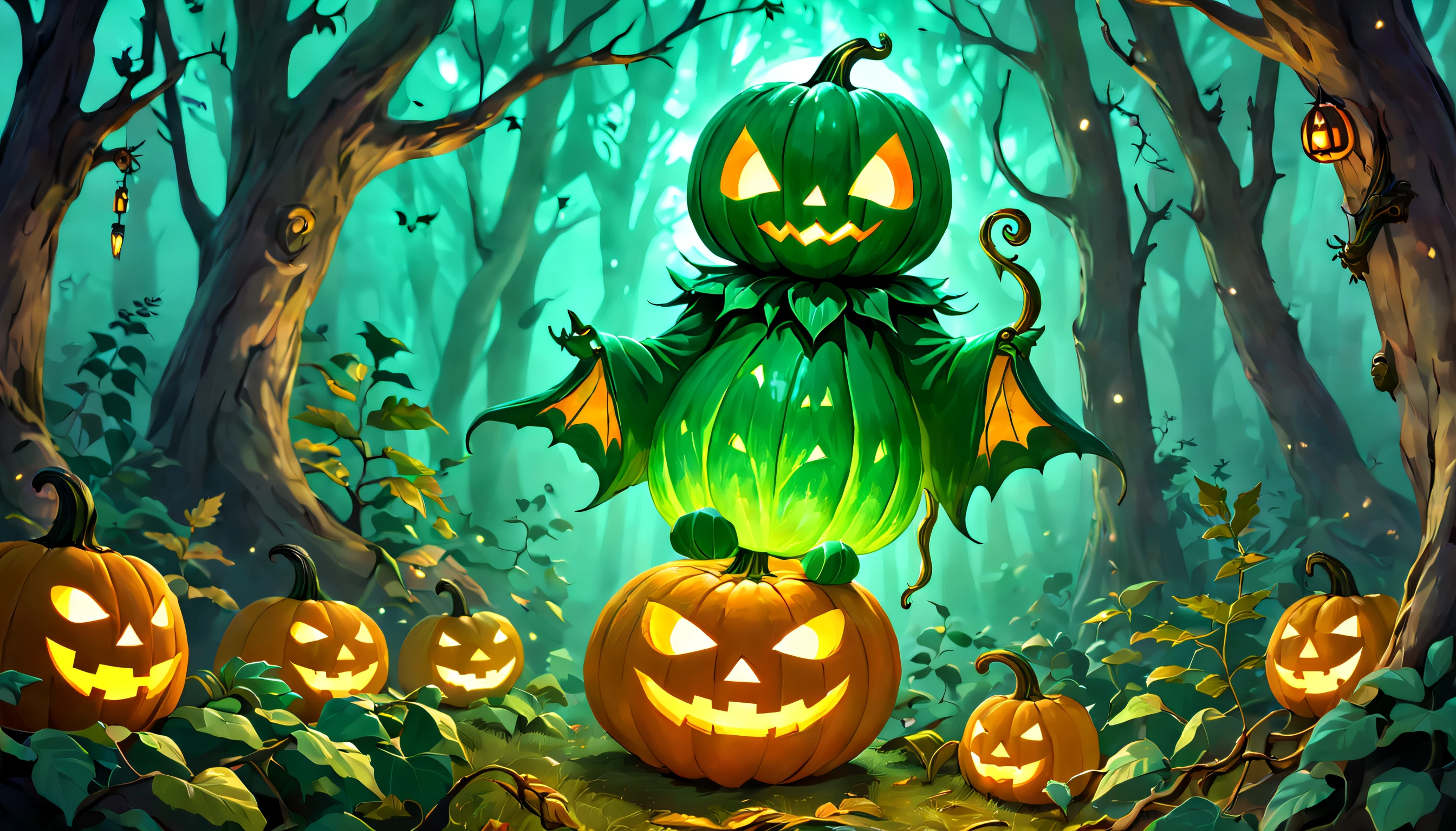 A wise old jack-o'-lantern that houses a menagerie of cheerful forest spirits known as kodama. Warmth and magic radiate from the pumpkin and its joyful inhabitants. c0nst3llation