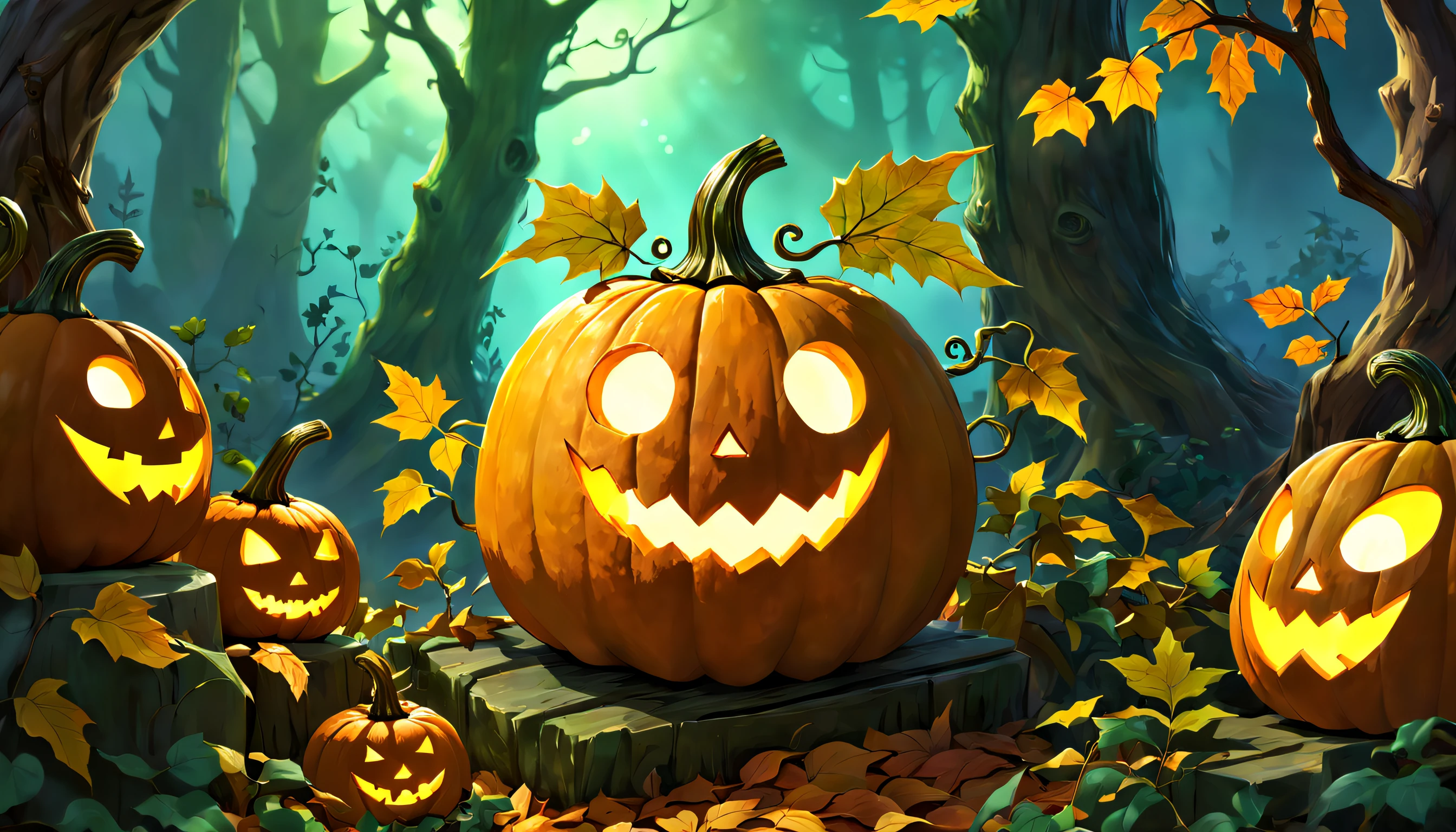 A wise old jack-o'-lantern that houses a menagerie of cheerful forest spirits known as kodama. Warmth and magic radiate from the pumpkin and its joyful inhabitants. c0nst3llation