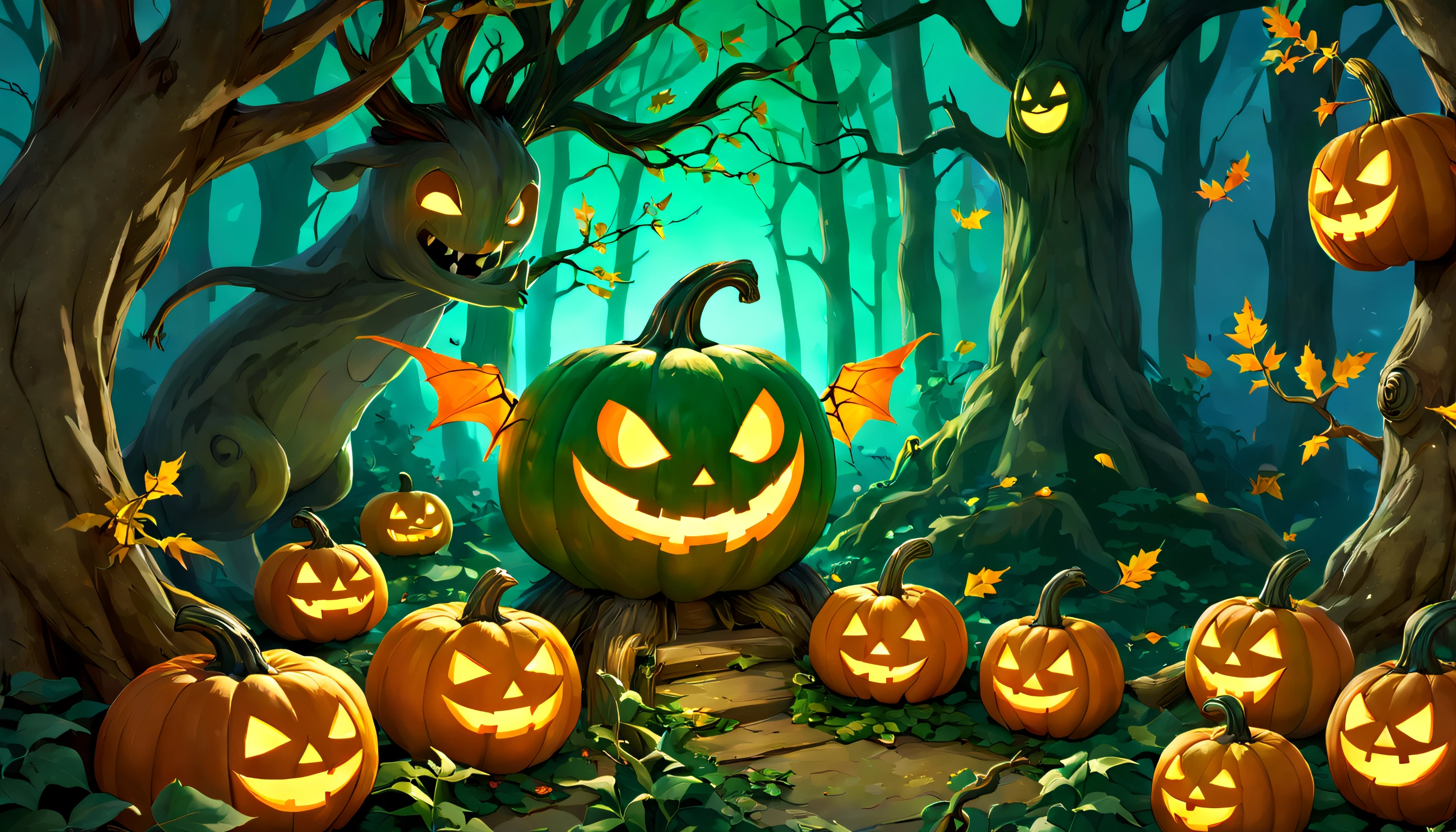 A wise old jack-o'-lantern that houses a menagerie of cheerful forest spirits known as kodama. Warmth and magic radiate from the pumpkin and its joyful inhabitants. c0nst3llation