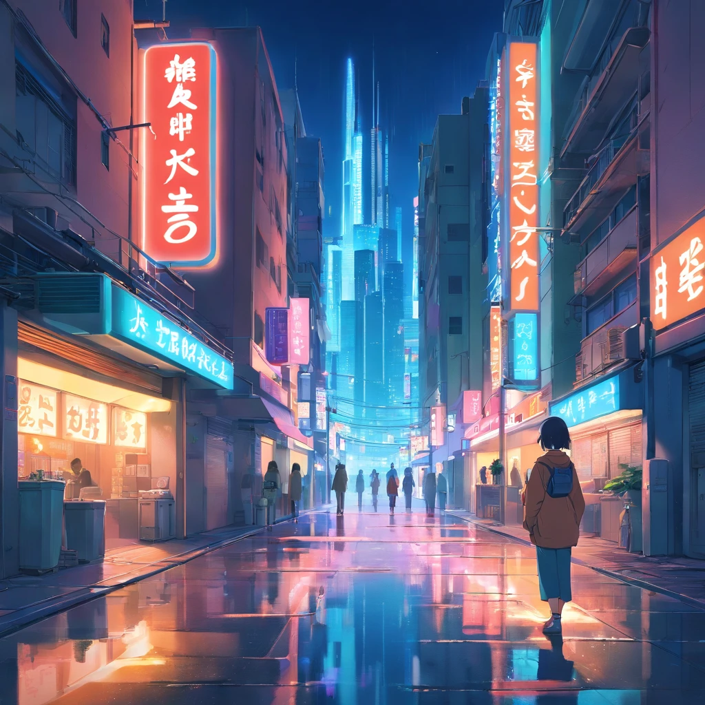 Arte nocturno en estilo neotokio, Neon-filled buildings and streets, Signs and reflections on the ground, Estilo Cyber Punk ,
