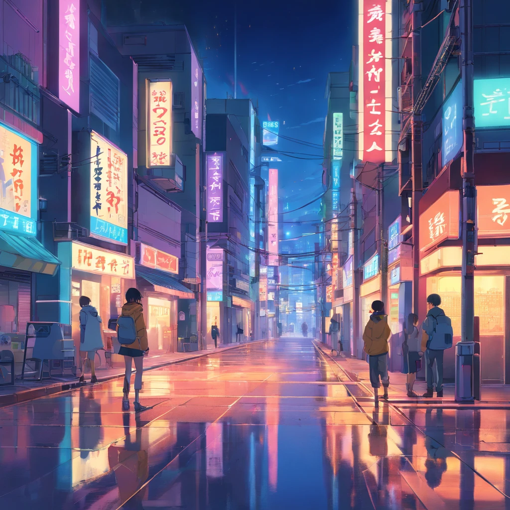 Arte nocturno en estilo neotokio, Neon-filled buildings and streets, Signs and reflections on the ground, Estilo Cyber Punk ,