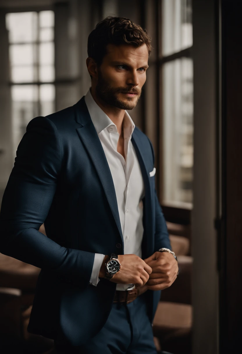 Retrato de um homem bonito, Office Suite, Nice building background. Semelhante aao ator Jamie Dornan, using expensive watch,