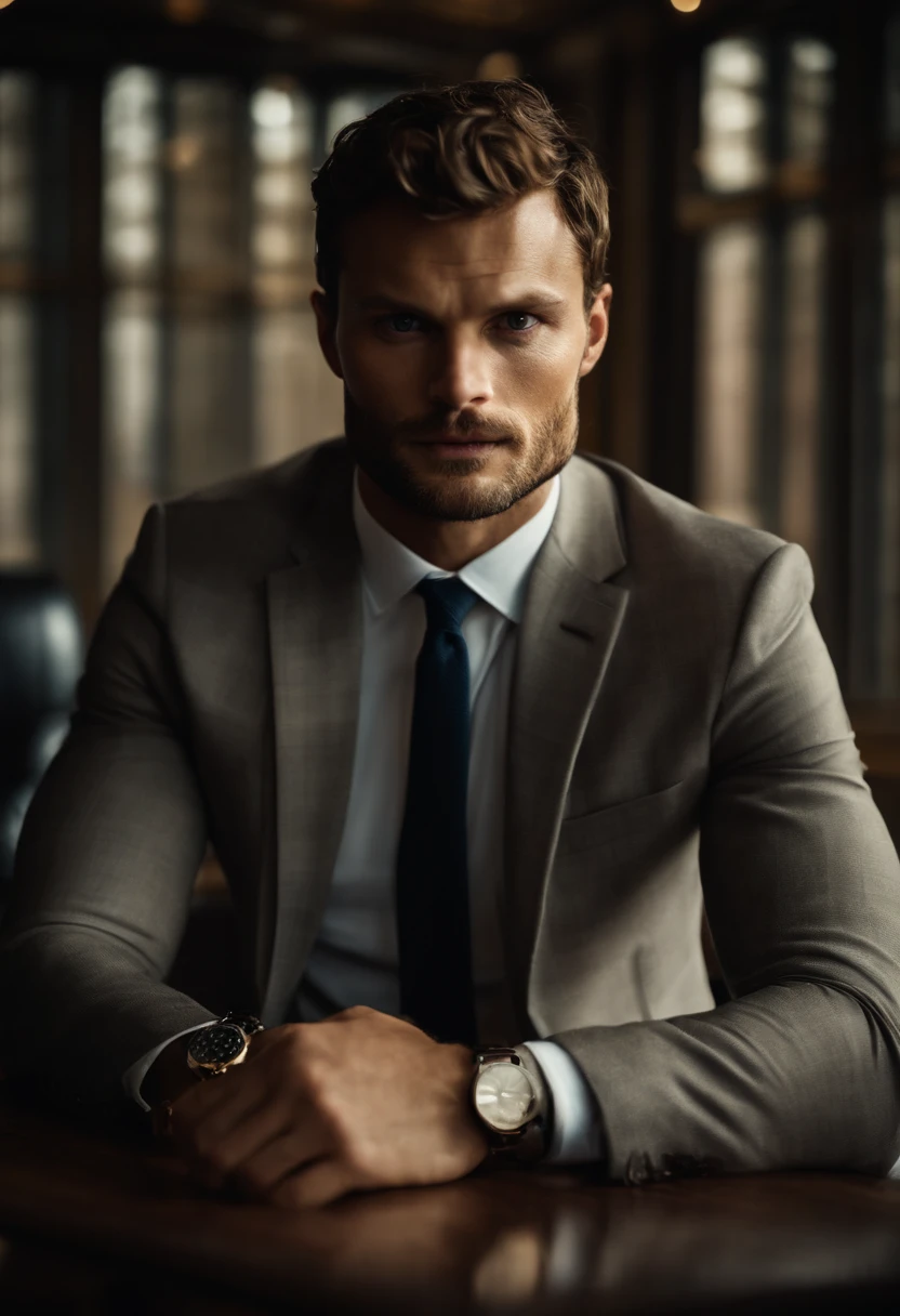 Retrato de um homem bonito, Office Suite, Nice building background. Semelhante aao ator Jamie Dornan, using expensive watch,