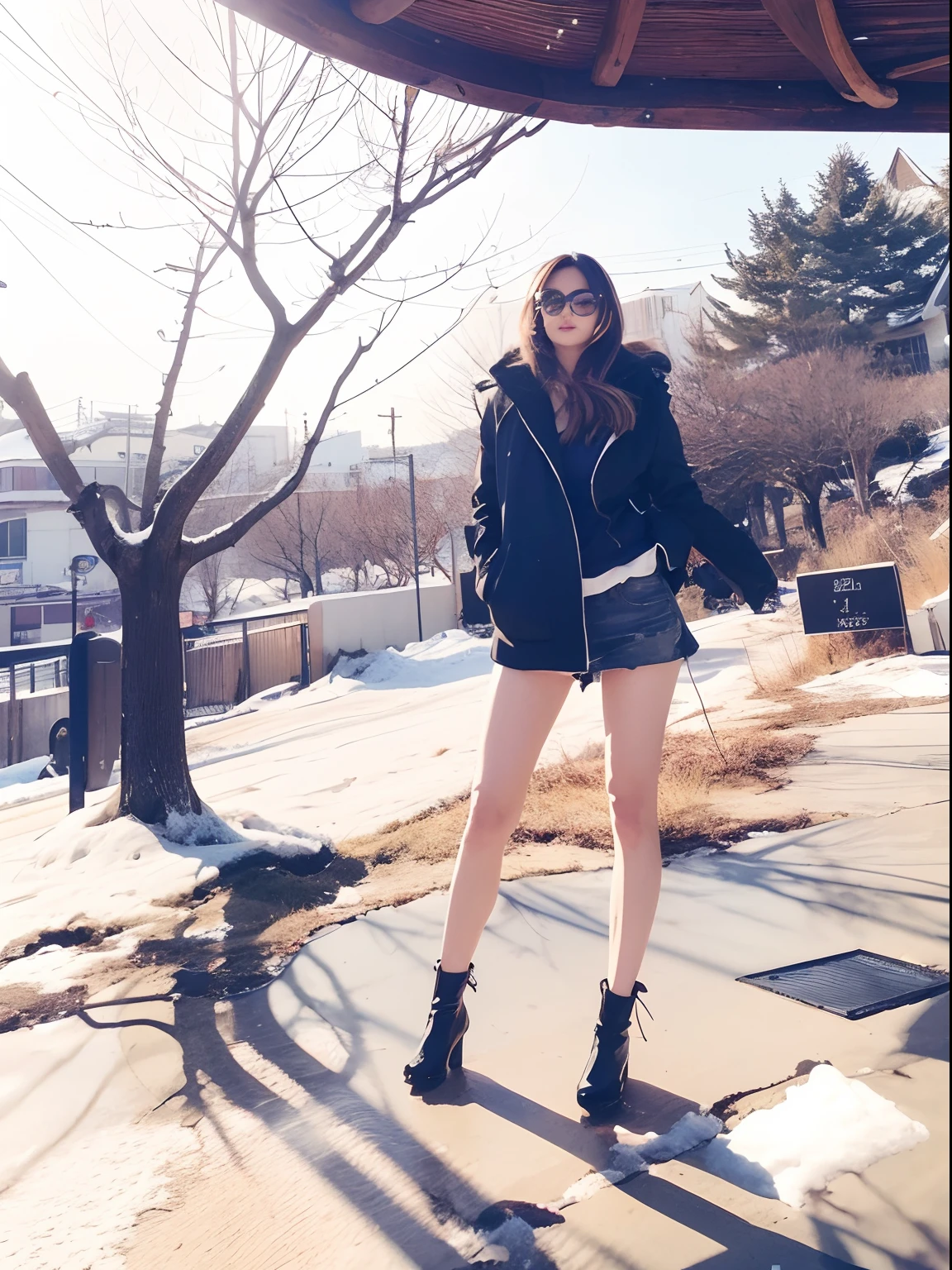 A Japanese Lady、beauitful face、二重まぶた、Big eyes、cabelos preto e longos、Black sunglasses、Black coat、beauty legs、Raw feet、Clean bare feet、pin heels、tall、super long legs、model poses、Sexy legs、Oyuki、snow blowing、snow cover、Poor visibility due to blizzard、heavy wind、Hair disheveled by the wind