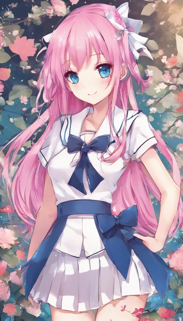 one-girl，A pink-haired，dual horsetail，blue colored eyes，Toothy smile，a sailor suit，Pink bow tie，black short skirt，Lovely face，Fifteen-year-old girl