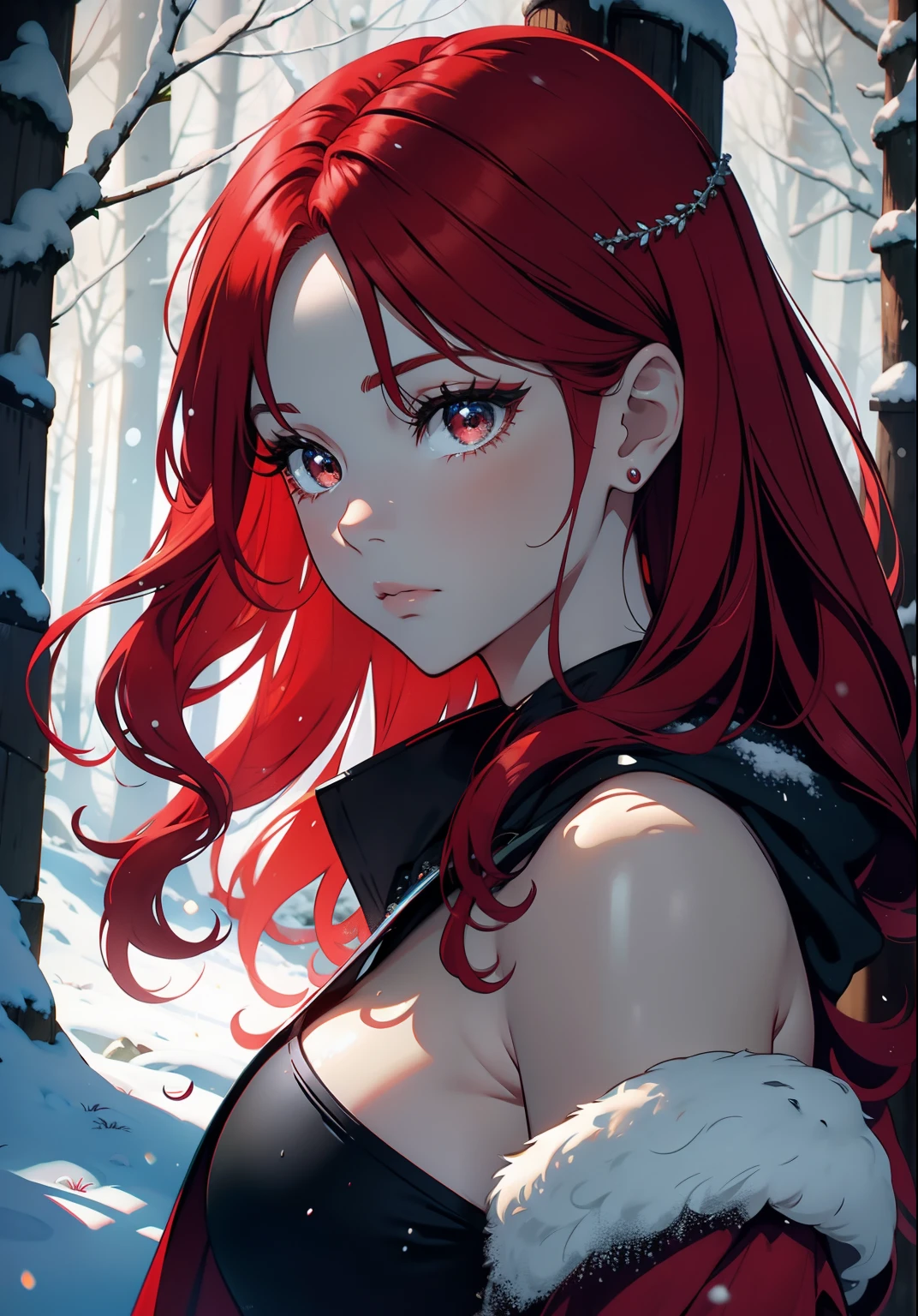 A tributary woman with red hair and a cloak in a snowy forest, Goddess of red hair, Beautiful red-haired woman, Red-haired woman, Winter goddess, Fictional woman, Carol behind UHD, Portrait of a beautiful woman, With curly red hair, Red-haired woman, Beautiful beautiful woman, With long red hair, Blue and red tones, Winter Queen, amazing beauty