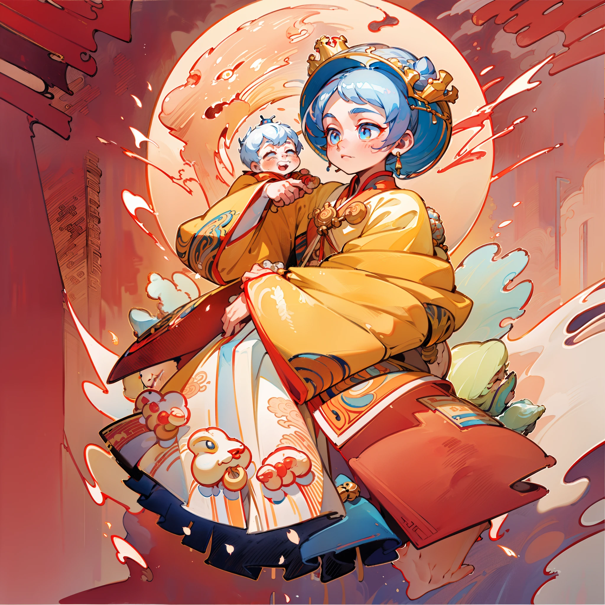 Water colour Painting of The beautiful 16-year-old chinese Queen holds (a little Emperor: 1.5) wearing shavings in her arms, Straight eyes, radiating a brilliant aura, Rosary handle: 1.5),  Crown Team, (Systemic: 2.0), full body: 2.0, glowing cloak, Moon pedal foot