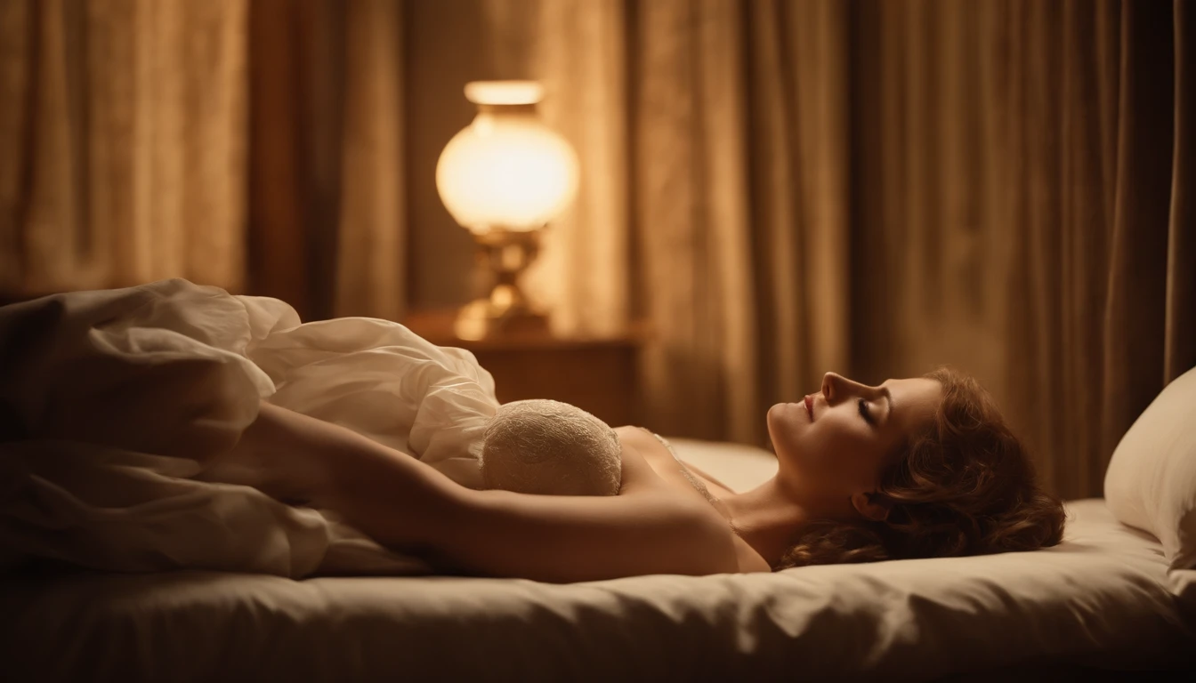 Masterpiece, High definition, Movie Still, 1Girl, Turn off the lights, natta,(sparks: 0.7), Beautiful Woman, ((24yo)), the moon, moonlit glow, natta, Sleeping, ((Sleeping)), bed, window, Lying Down, Full body shots, eyes closed, Undergarments, Gold-haired,Caucasian,Fair-skinned woman