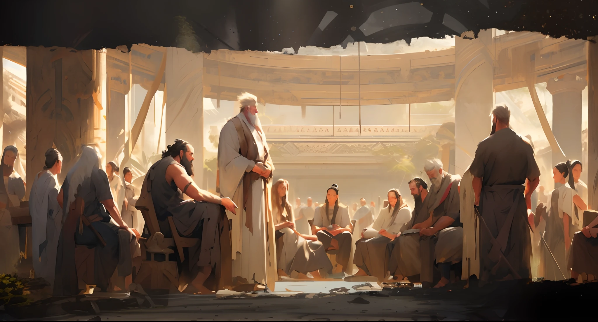 a painting of a group of people sitting around a man in a white robe, ancient kings in white robes, james gurney and andreas rocha, wojtek fus, concept art of god, by Raymond Han, cgsociety concept art, illustration concept art, by Han Gan, art of wlop and greg rutkowski, dramatic concept art, professional concept art