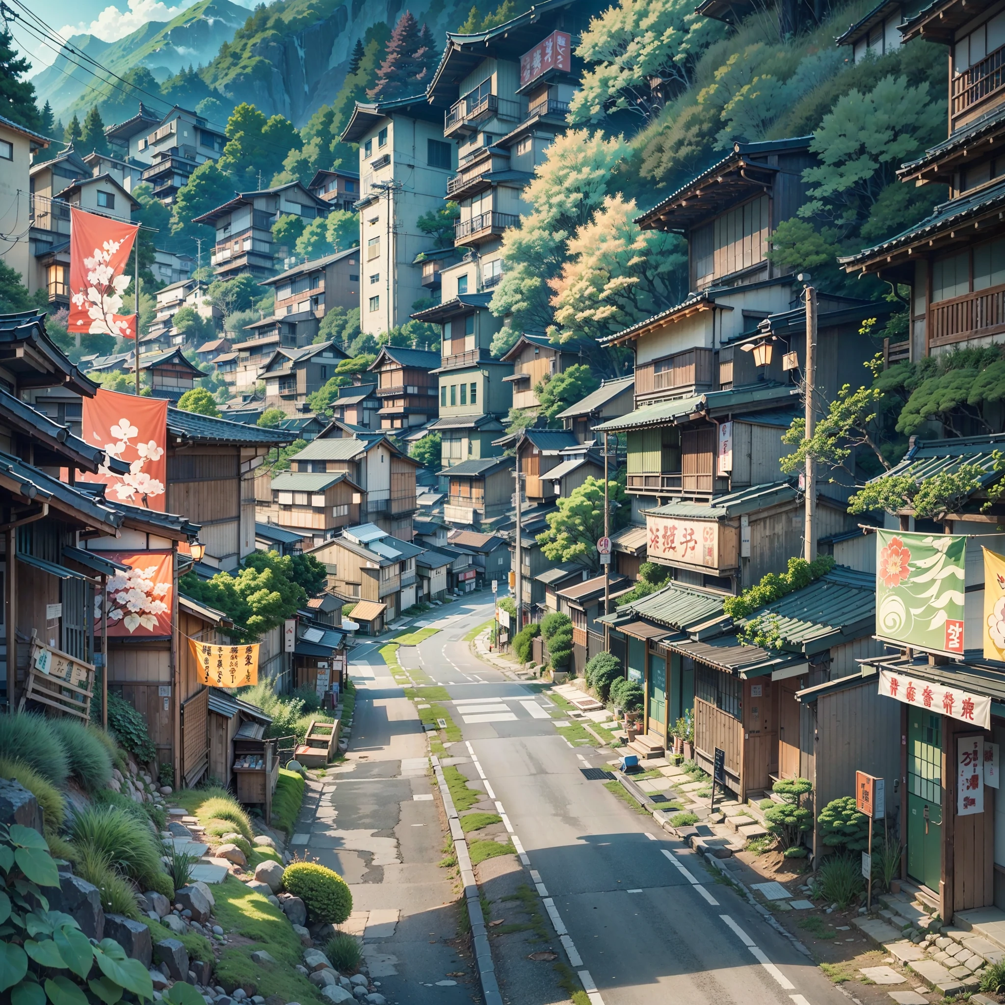 anime background, anime wallpaper, anime, anime style, lofi, lofi style, rural japanese street on the edge of a mountain, mountains, uphill, modern japanese architecture, japanese convenience store, big retro japanese shop signs, retro japanese store, trees, plants, rocks, plant pots, shop signs, japanese banners, japanese signs, flags, empty street, no one in sight, (no one: 1), best quality, wide view, street going uphill, buildings tight together, night time, night