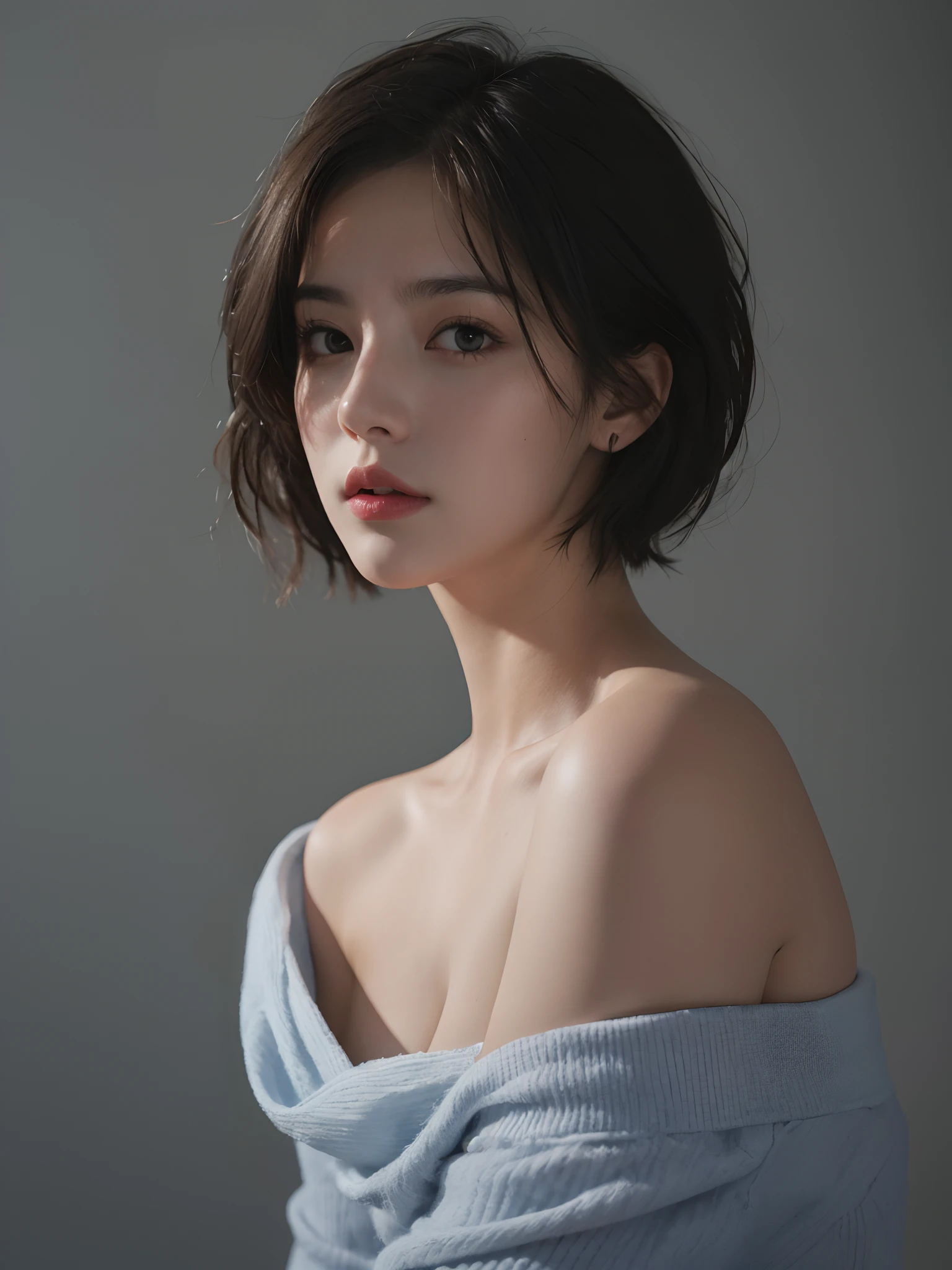 Best quality, masterpiece, ultra high res, (photorealistic:1.5), raw photo, 1girl, offshoulder, in the dark, deep shadow, low key, cold light, sexy look, short hair