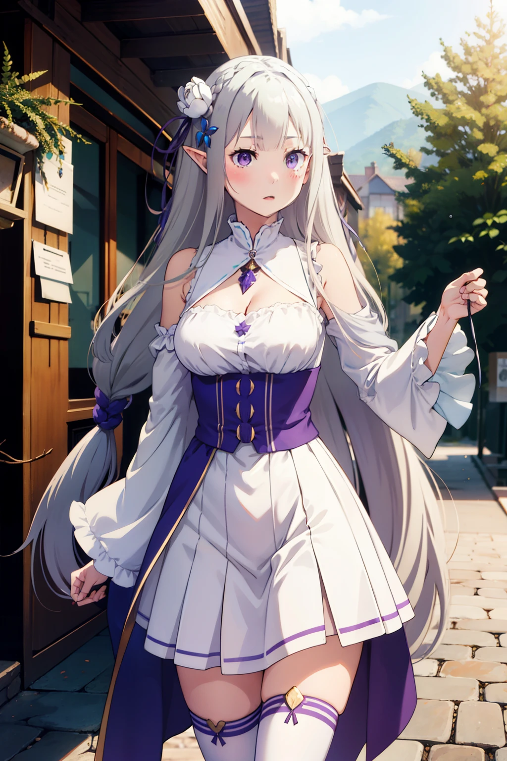 1girl, solo, Emilia, emilia_\(re:zero\), long hair, silver hair, blunt bangs, braid, hair ornament, hair flower, hair ribbon, purple ribbon, purple eyes, blush, low-tied long hair, elf, dress, bare shoulders, detached sleeves, wide sleeves, cleavage, pleated skirt, thighhights, white legwear, white shoes, outdoors, (masterpiece:1.2), highres, best quality, 8k, very clear,