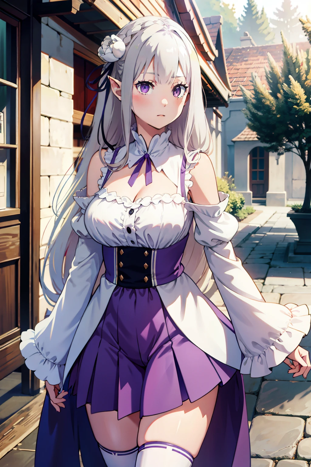 1girl, solo, Emilia, emilia_\(re:zero\), long hair, silver hair, blunt bangs, braid, hair ornament, hair flower, hair ribbon, purple ribbon, purple eyes, blush, low-tied long hair, elf, dress, bare shoulders, detached sleeves, wide sleeves, cleavage, pleated skirt, thighhights, white legwear, white shoes, outdoors, (masterpiece:1.2), highres, best quality, 8k, very clear,