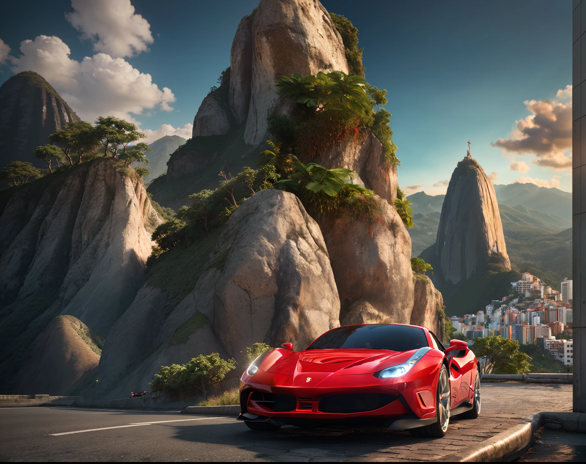 arafed red sports car parked on a road near a mountain, a detailed matte painting inspired by João Artur da Silva, shutterstock contest winner, photorealism, 3 d render and matte painting, rio de janeiro in an anime film, matte painting with high detail, 3d rendered matte painting, photorealistic matte painting, extravagant matte painting