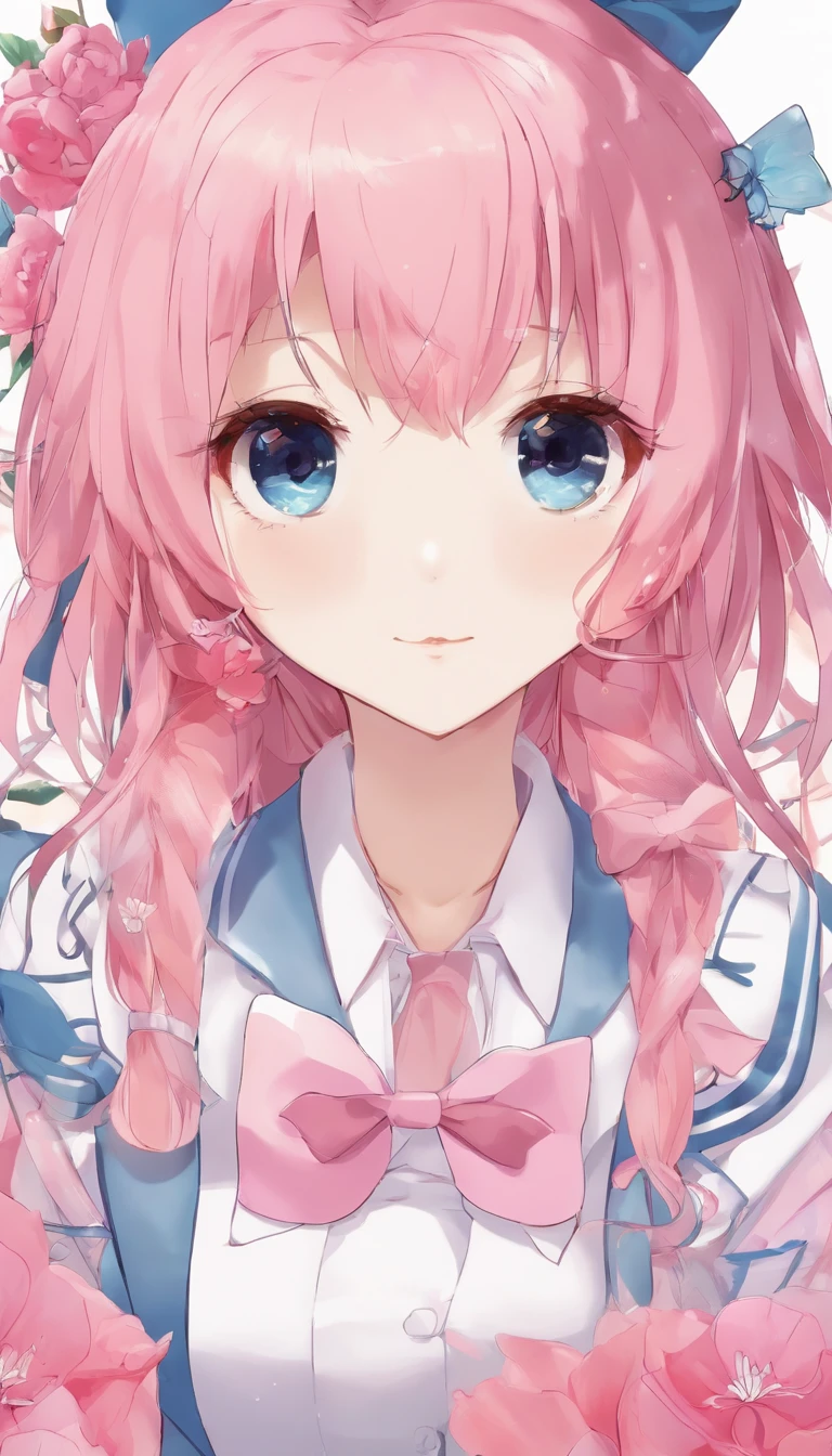 one-girl,A pink-haired,dual horsetail,blue colored eyes,Toothy smile,a sailor suit,Pink bow tie,black short skirt,Lovely face,-year-olrl,pledskirt,k hd,Short double ponytail