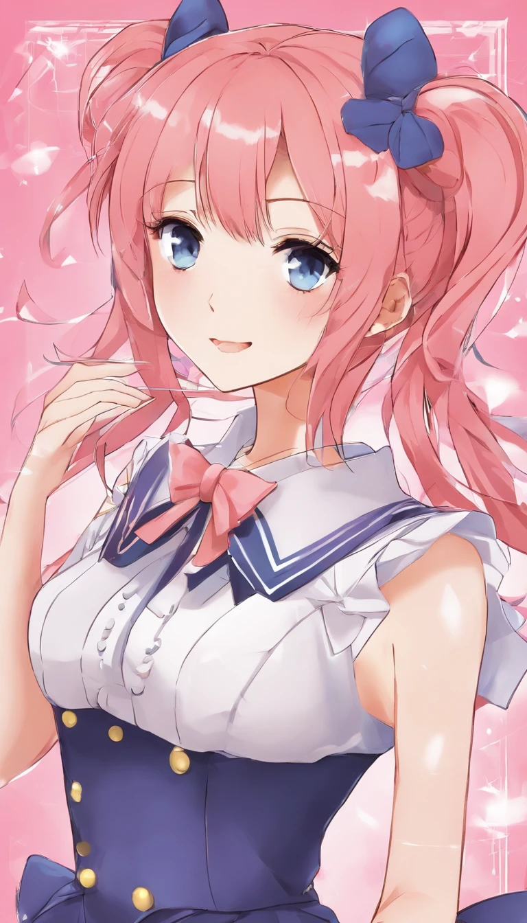 one-girl,A pink-haired,dual horsetail,blue colored eyes,Toothy smile,a sailor suit,Pink bow tie,black short skirt,Lovely face,-year-olrl,pledskirt,k hd,Short double ponytail