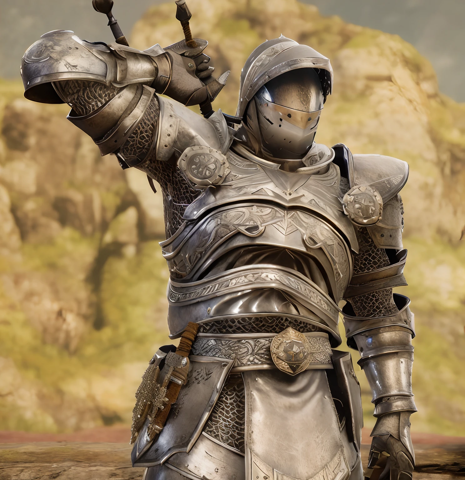 Arafed cavaleiro em armadura segurando uma espada e um escudo, Armadura Infinity Blade, epic paladin armor, armadura de platina do guerreiro, vestindo armadura texturizada esculpida, Armadura Safi'jiiva, armadura de prata detalhada, armadura altamente detalhada, armadura de prata do guerreiro masculino, armadura de fantasia detalhada, armadura realista, armadura intrincada de prata, Detailed armor with white scarf, photogenic details on armor