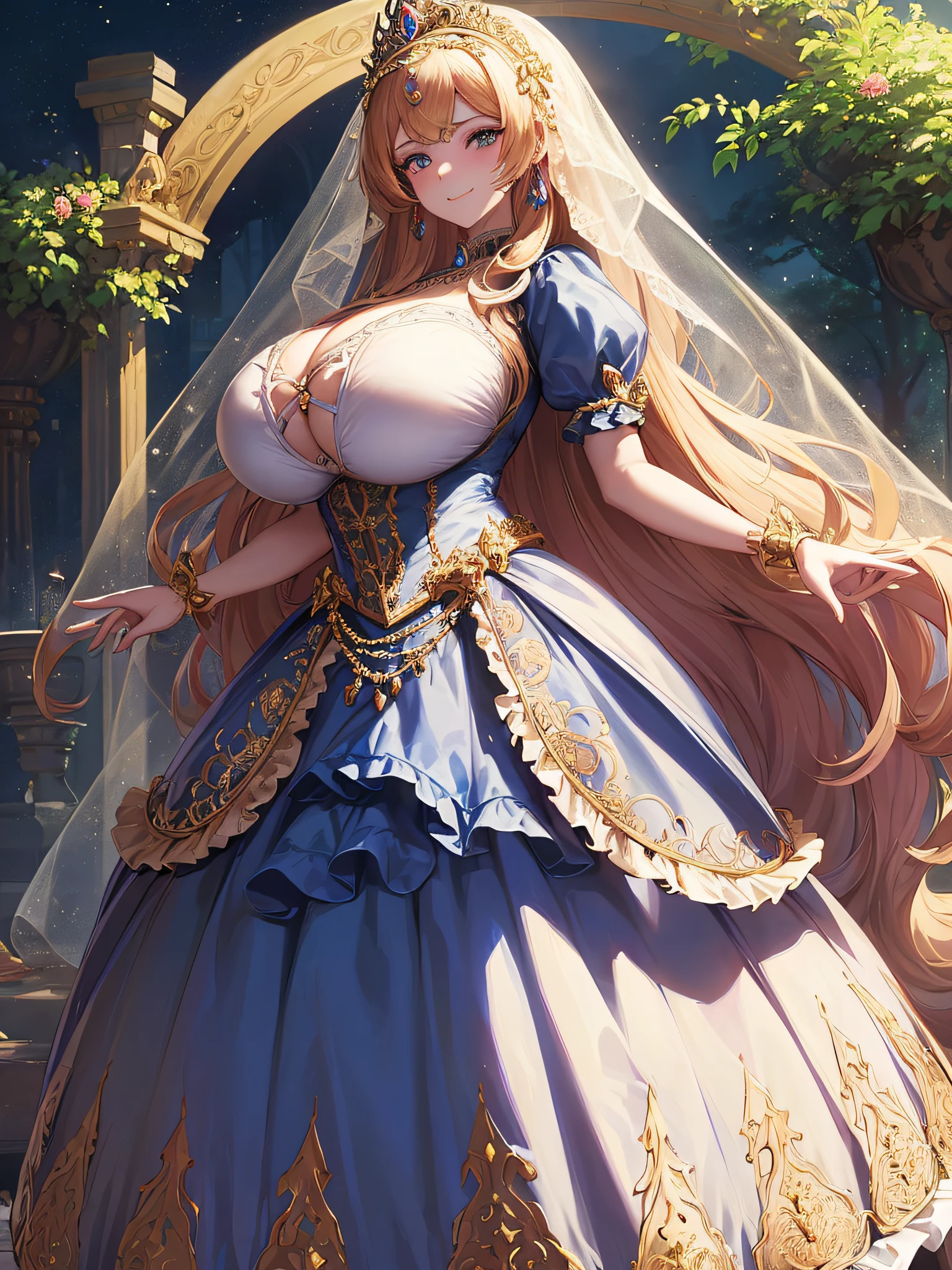 ((Anime Art Style)),(masutepiece),(Best Quality), (Super Detail),(Highly detailed CG Unity 8k wallpaper),((Very delicate and beautiful)),((Full body portrait)),((Stand in the garden)),((Solo)),(((One princess in gorgeous embroidery and jeweled very gorgeous Rococo princess ball gown with voluminous full-length hoop skirt ))),(((Crinoline Hoop Skirt))),Long Train,((Gorgeous embroidery and jewelry)),voluminous ruffles,(((very very gigantic boobs,Skindentation))),((Very long straight hair,Very voluminous straight long hair,Very long straight hair)),(finely detailed face and eyes),((Seductive smile,embarrassed)),Beautiful eyes like jewels,Very gorgeous hair ornament,(A very gorgeous tiara adorned with bling-bling jewels),((Glitter Gorgeous Gemstone Jewelry)),Gorgeous Long Veil,(opera gloves),(Beautiful background),(Full body),((gorgeous embroidery and jeweled gorgeous Rococo princess ball gown with voluminous full-length hoop skirt)),