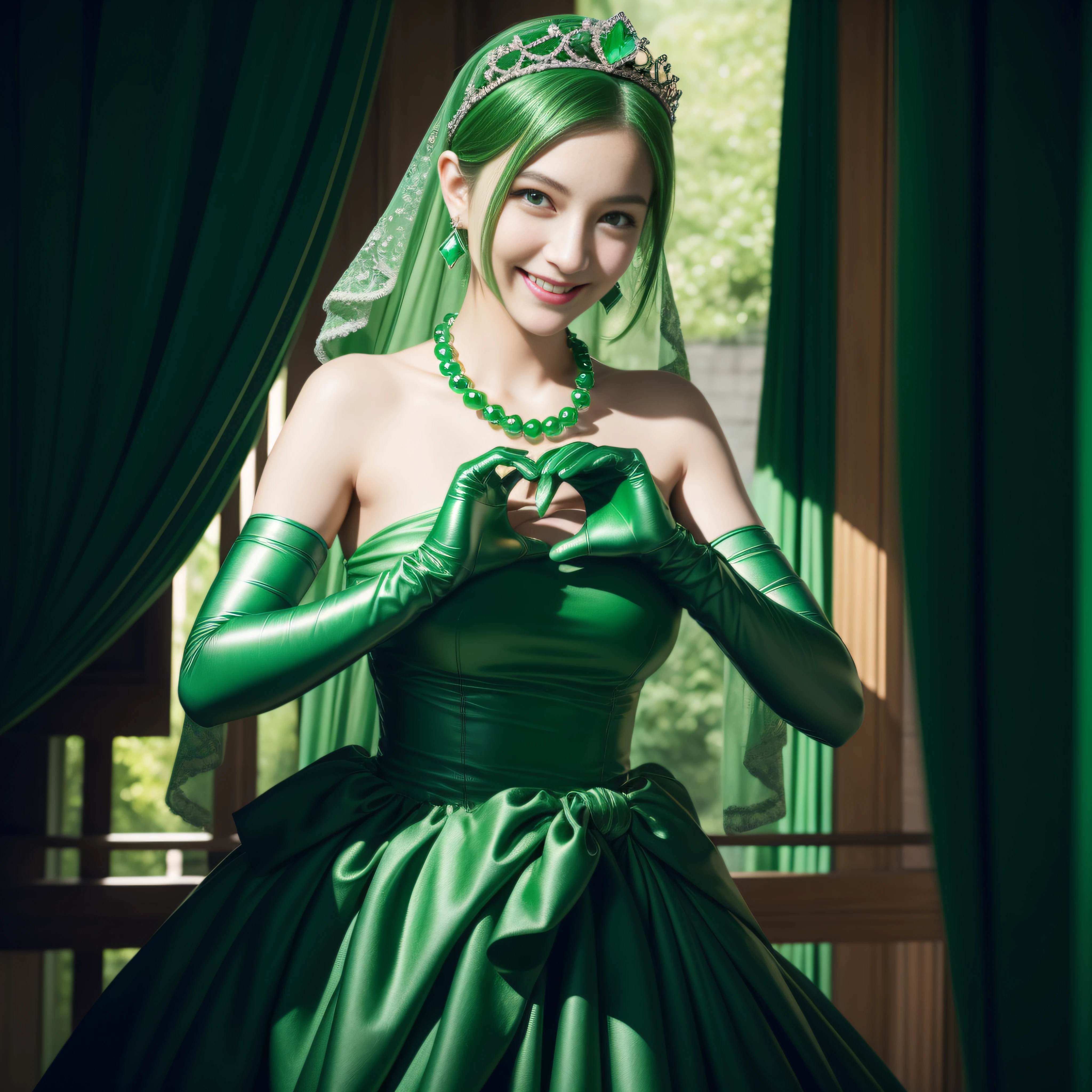 emerald tiara, Green Pearl Necklace, Boyish very short green hair, lipsticks, Japan woman smiling, very short short hair,  big breasts beautiful, Green eyes, Long green gloves made of satin material, Green eyes, Emerald Earrings, green vale, Heart with both hands
