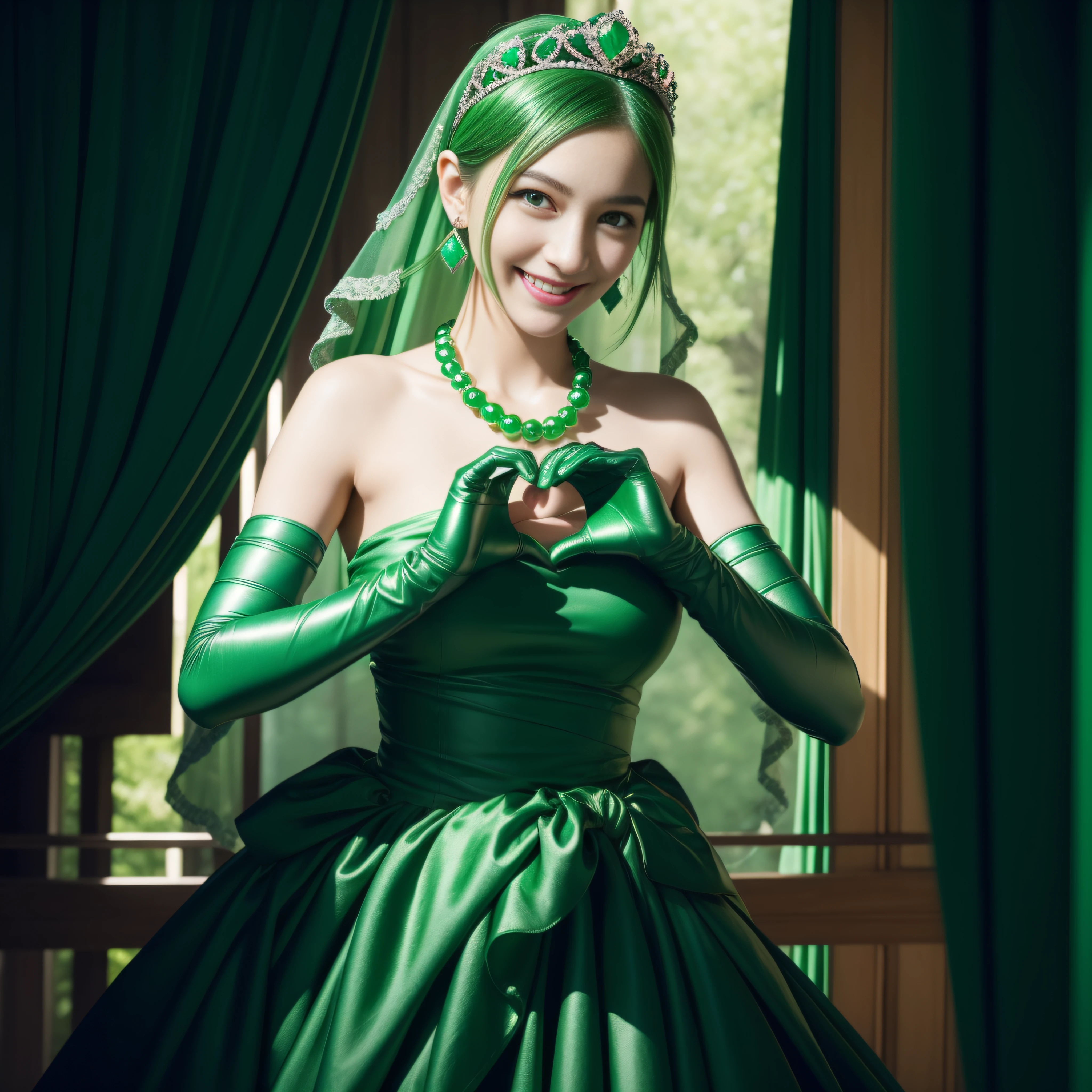 emerald tiara, Green Pearl Necklace, Boyish very short green hair, lipsticks, Japan woman smiling, very short short hair, beautiful, Green eyes, Long green gloves made of satin material, Green eyes, Emerald Earrings, green vale, Heart with both hands