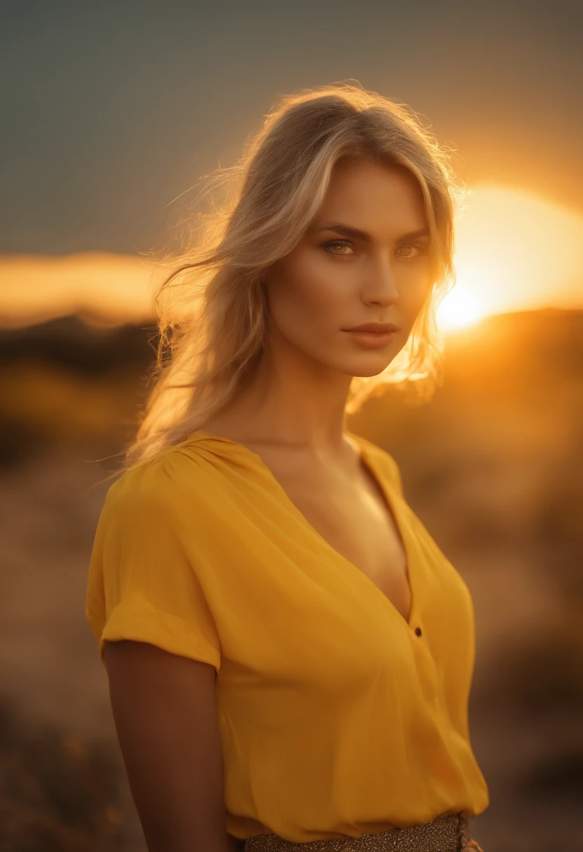 blond girl in a yellow shirt is posing in front of the sun, in the style of jessica drossin, shiny/glossy, konstantinos parthenis, distinctive noses, naomi tydeman, 32k uhd, soft, atmospheric lighting