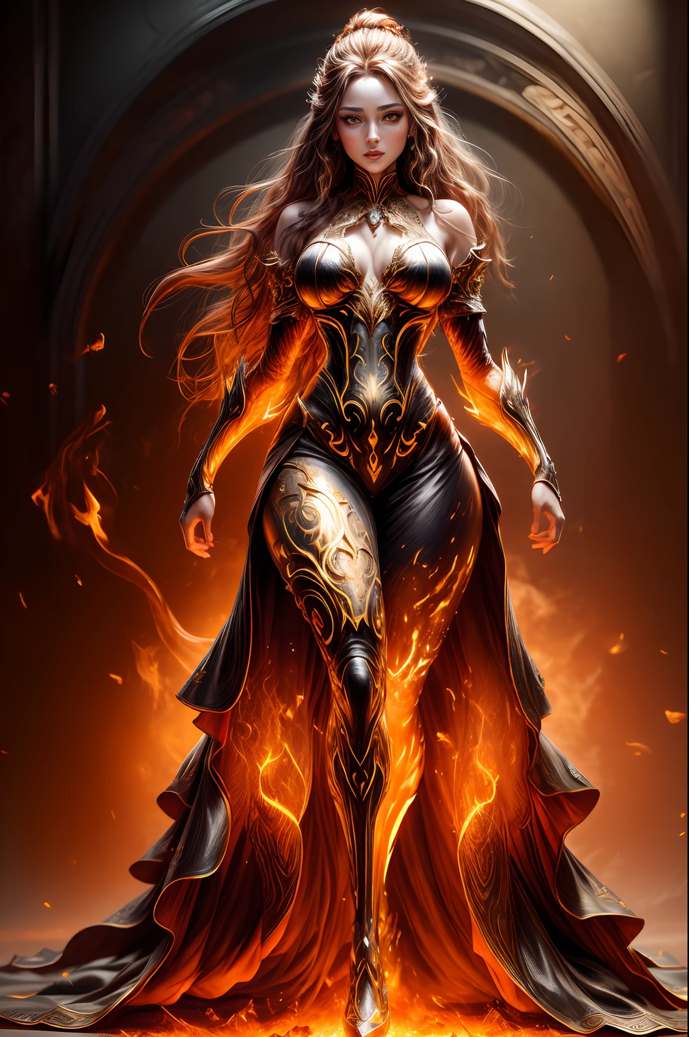 This is a realistic fantasy artwork prominently featuring realistic fire, including wisps of flames, glowing hot embers, subtle curls of smoke, and a beautiful fire druid. The druid stands in the midst of a raging inferno with an interesting composition. Her face is expertly sculpted, with elegant and refined features and perfect shading and realistic skin texture. Her (orange and gold eyes) are stunning and are the focal point of this image. (Her (((eyes extremely detailed))), beautiful detailed eyes, and macro). Her eyes feature intricate detailing with clearly defined irises and bright sclera. Her soft lips are smooth and very puffy, and her skin is adorned with a light flush and ornate fire detailing. Her long gown is stunning and expensive, and is made of pure flames and glittering, ornate jewels that glimmer in the fire light. Her billowing gown glitters from the flames and features a delicately and intricately embroidered bodice with wisps of flames running across it. Include fantasy elements like bumps, stones, fiery iridescence, glowing embers, silk, and an interesting background. Include fiery magical creatures such as fiery birds and fiery butterflies that give off a magical and mystical aura. Lighting: Utilize the latest trends in lighting to enhance the artwork's beauty. Camera: Utilize dynamic composition to create a sense of urgency and excitement. Take inspiration from the current masters of the fantasy genre, including trending artists on Artstation and Midjourney. ((masterpiece))