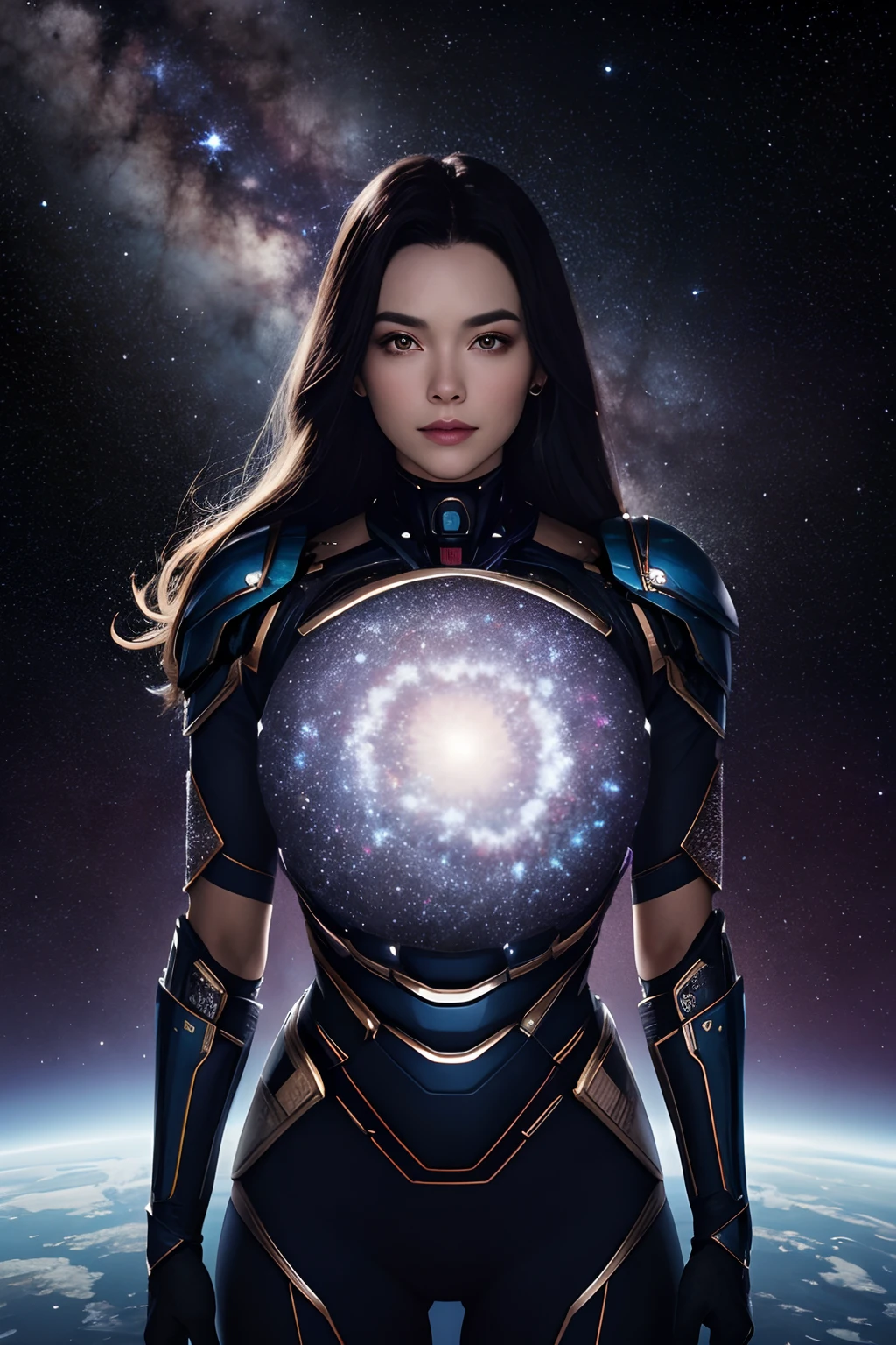 retrato, obra prima, extremamente detalhado, outer space, estrelas, Nebulosas, galaxias, Planetas, uma bela mulher, Super Villain, Gigantic in outer space, corpo lindo, She's the female version of Galactus, com poderes cosmicos, sombria, 8K ultra detalhado, realista