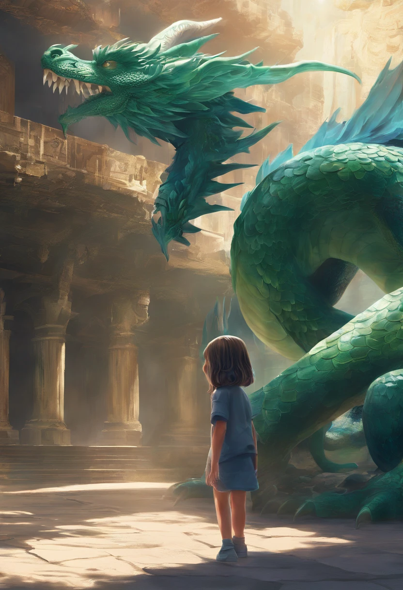 Digital Art Top Resolution 8K Image A Very Beautiful 10 Year Old Girl Blonde Blue Eyes In Green Sweatshirt In Skirt Looking At A Blue Dragon Ultra Detailed Ultra Realistic Shadows