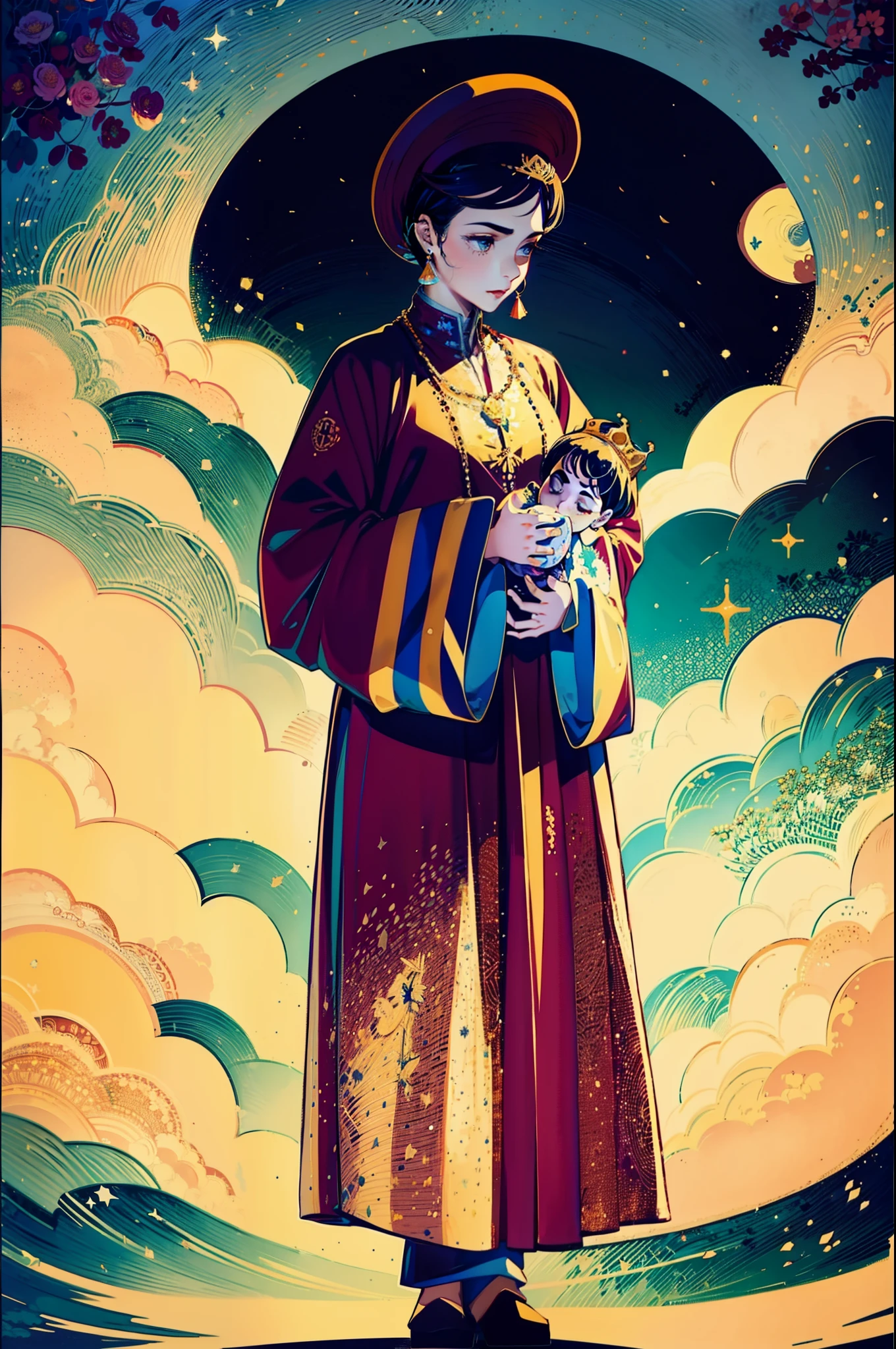 Water colour painting style, The beautiful -yeld qu holds a (baby prin.5) wearing shavings in her arms, Walking, Straight eyes, radiating a brilliant aura, Rosary handle, Crown Team, (Systemic: 2.0), Stand in the cloud, our lady, (full body: 2.0)