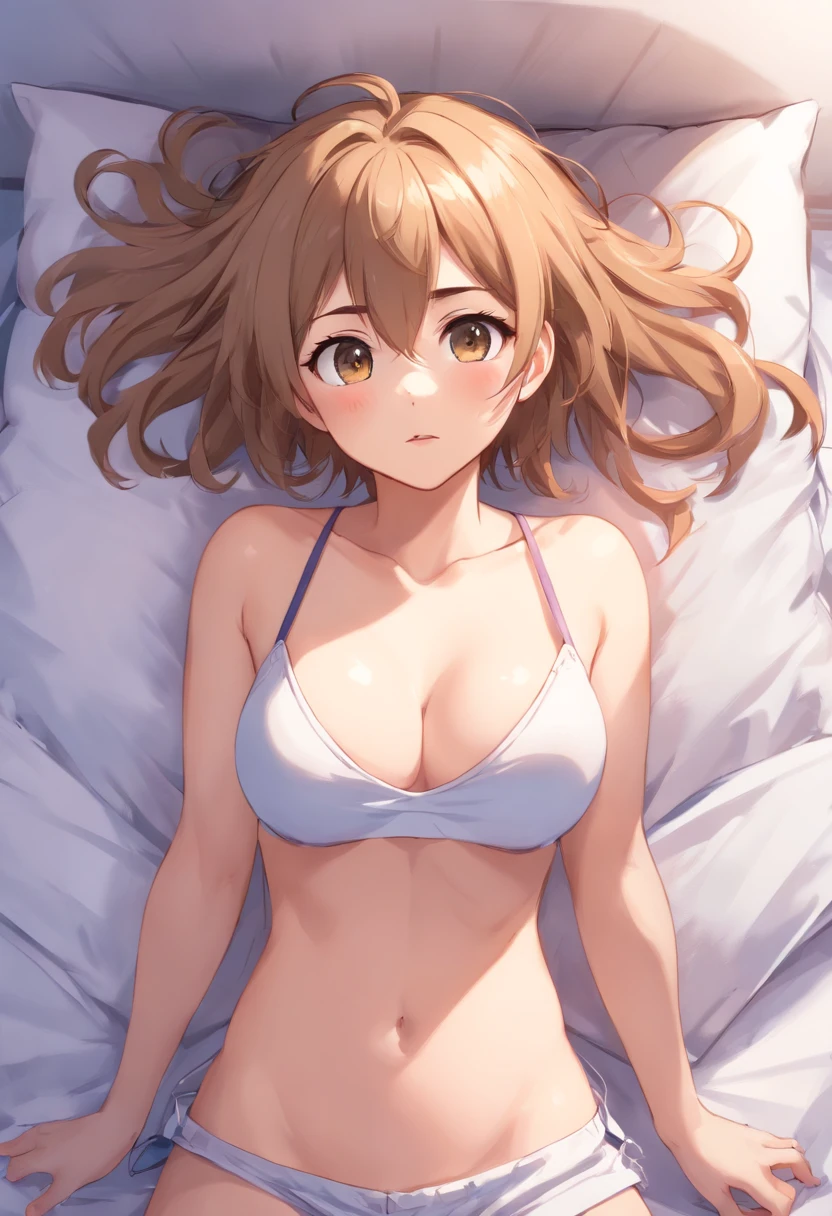 Polish origin,poles(Hairy messy hairstyle)(Men's hairstyles)large breasts,((((bare skin, underboob, perfect )))), ((eyes closed, brow furrowed, mouth open, yell)),((Tomboyish)),No light or shadow,laying on her back on a bed, sleep, ((overhead view)), arms by sides,holding her crotch, No saturation,low-contrast,with a pure white background, ((thick, urination)),15year old((Messy hairstyle))athletic shorts