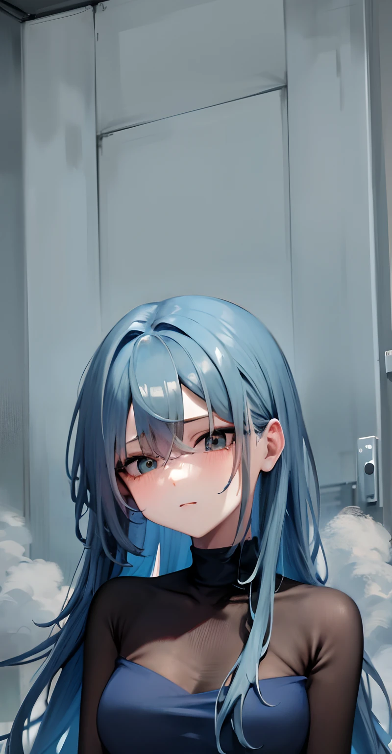 anime girl with blue hair and black top posing for a picture, anime moe artstyle, with blue hair, girl with blue hair, beautiful blue haired girl, sad cerulean eyes, made with anime painter studio, flat anime style shading, anime artstyle, anime style portrait