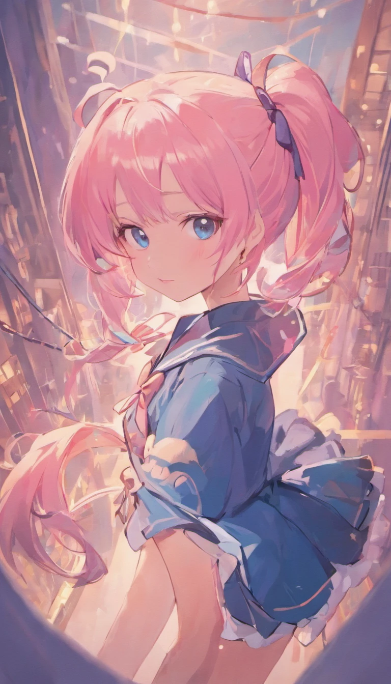 one-girl，light pink colored hair，dual horsetail，blue colored eyes，Toothy smile，a sailor suit，Pink bow tie，black short skirt，Lovely face，Fifteen-year-old girl，pleatedskirt，k hd，Short double ponytail,M word stay in the sea