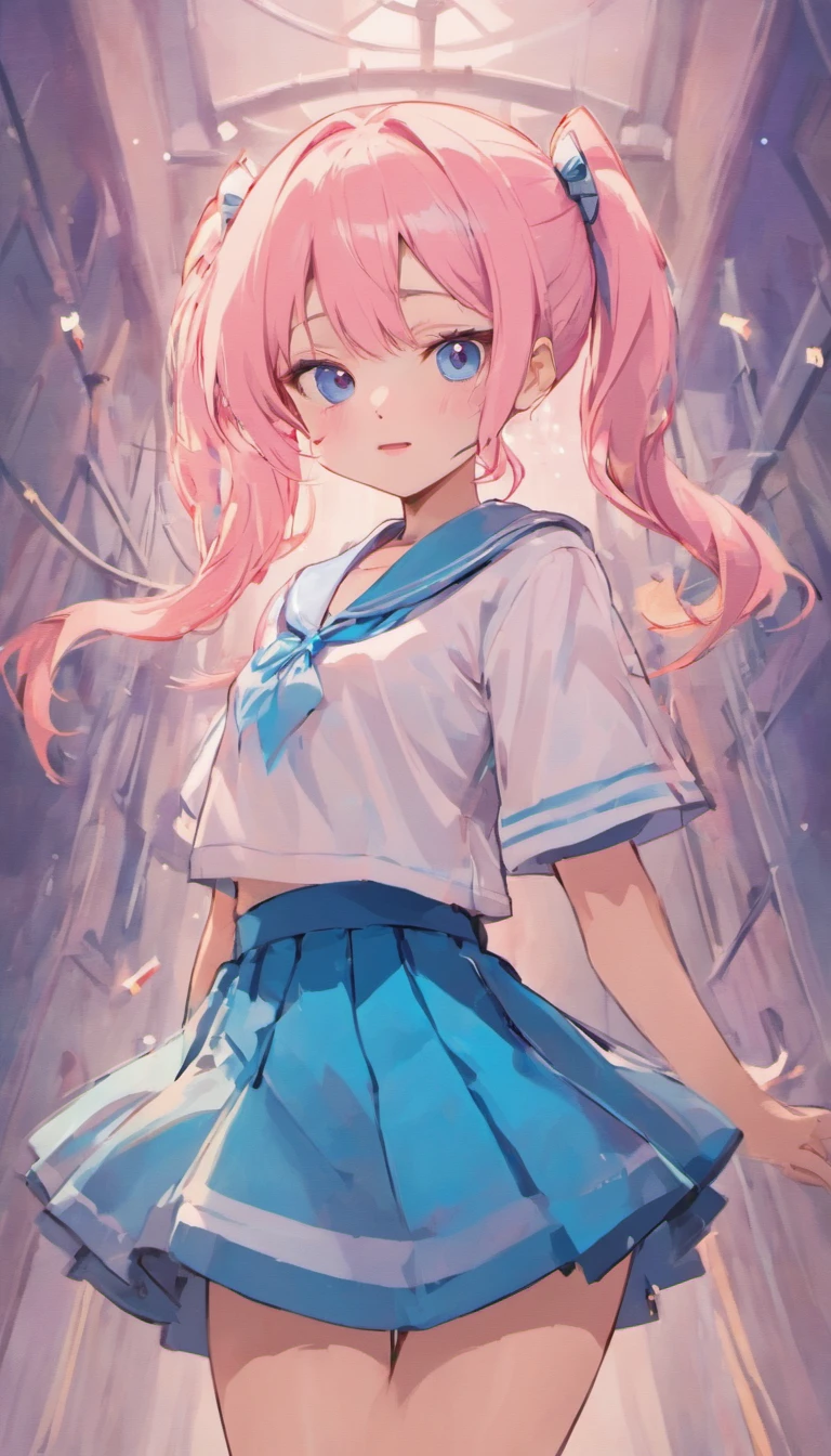 one-girl，light pink colored hair，dual horsetail，blue colored eyes，Toothy smile，a sailor suit，Pink bow tie，black short skirt，Lovely face，Fifteen-year-old girl，pleatedskirt，k hd，Short double ponytail,M word stay in the sea