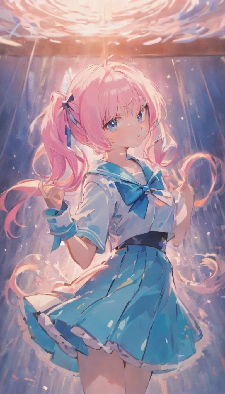 one-girl,light pink colored hair,dual horsetail,blue colored eyes,Toothy smile,a sailor suit,Pink bow tie,black short skirt,Lovely face,-year-olrl,pledskirt,k hd,Short double ponytail,M word stay in the sea