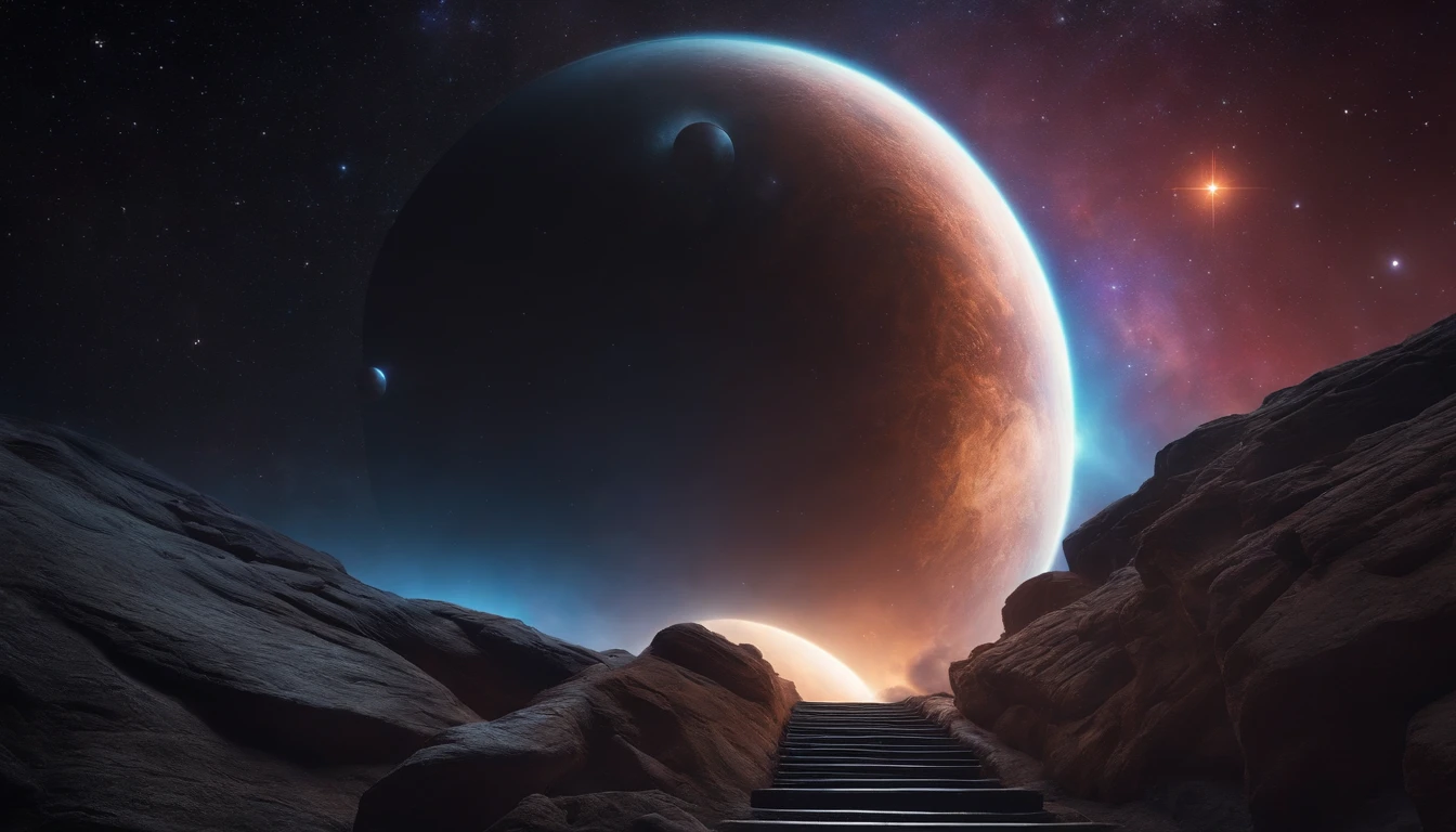 A stairway to infinite galactic space. cinematic quality, imagem em alta qualidade