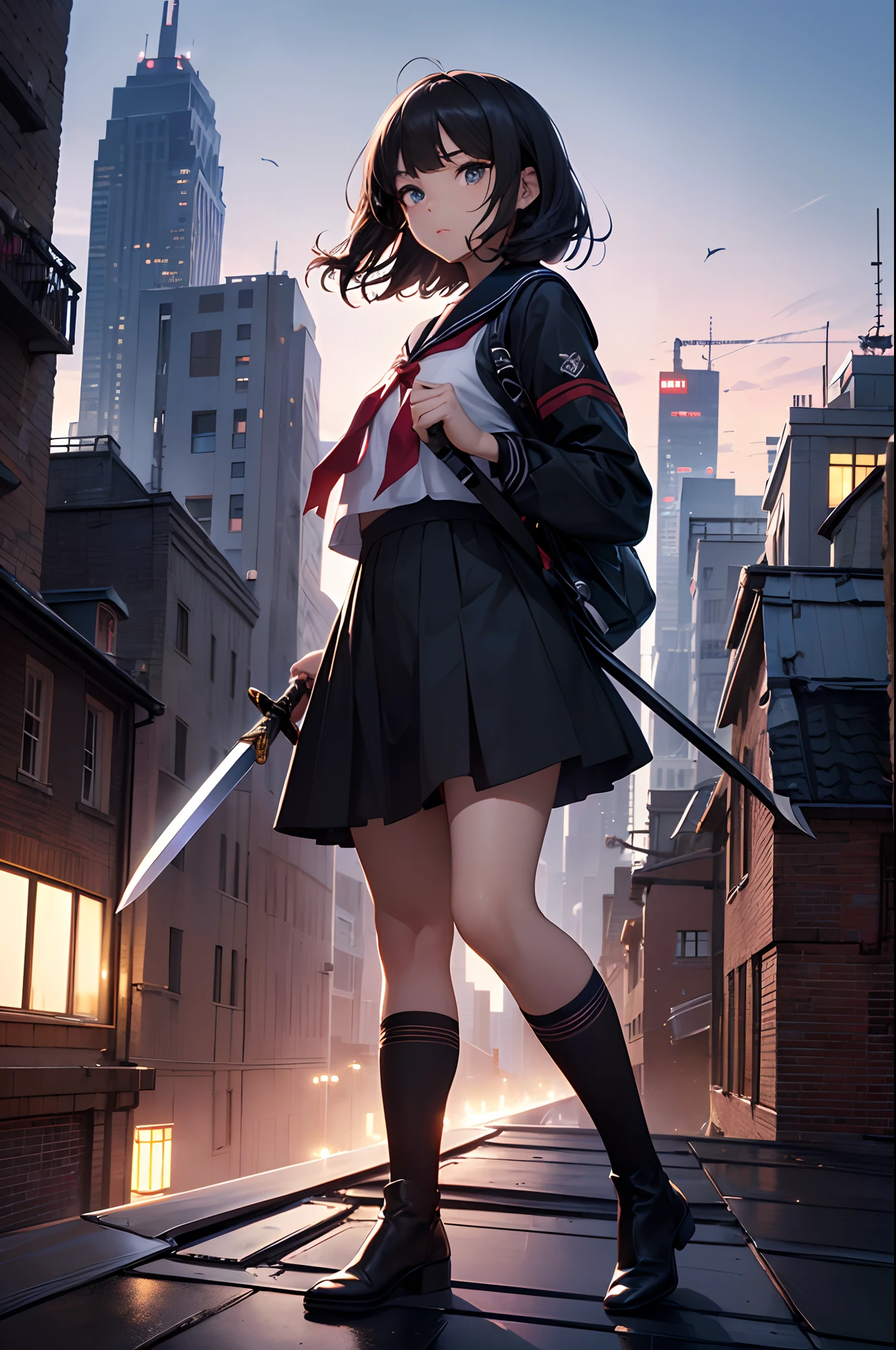 (Official art、Best Quality、Unity 8k Wallpapers、32K、masterpiece、ultra-detailliert、超A high resolution、realisitic、Photorealsitic:1.2)、(Cinematic lighting:1.2)、Fireglow effect、film grains、Best Shadows、Rim lighting、side lights、sideshot、(Ultra-detailed and complex 3D rendering)、Detailed beautiful face and eyes、Sharp pupils、Realistic pupils、A slender、1Man Woman、Medium bust、(Full body:1.2)、 Highly detailed background、beauitful face、-yeld beiful girl、(super detailed skin、detailed skin textures:1.3)、Black hair、Blunt bangs、Brown-eyed、a sailor suit、pleatedskirt、Black stockings、(thighs thighs thighs thighs:0.8)、Black boots、(City at night、On the roof of a building:1.4)、(Carrying a big sword on your back:1.3)、(Looking away、overlooking a city:1.3)、plushies